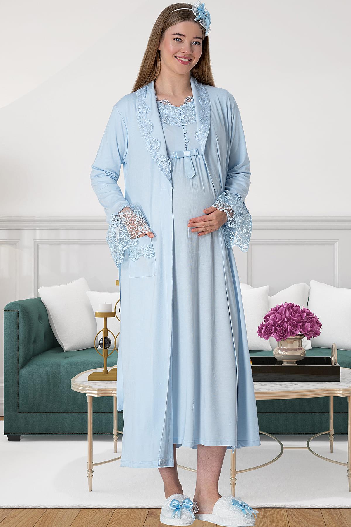 Mecit 5417 Mavi Uzun Sabahlıklı Lohusa Gecelik Takımı