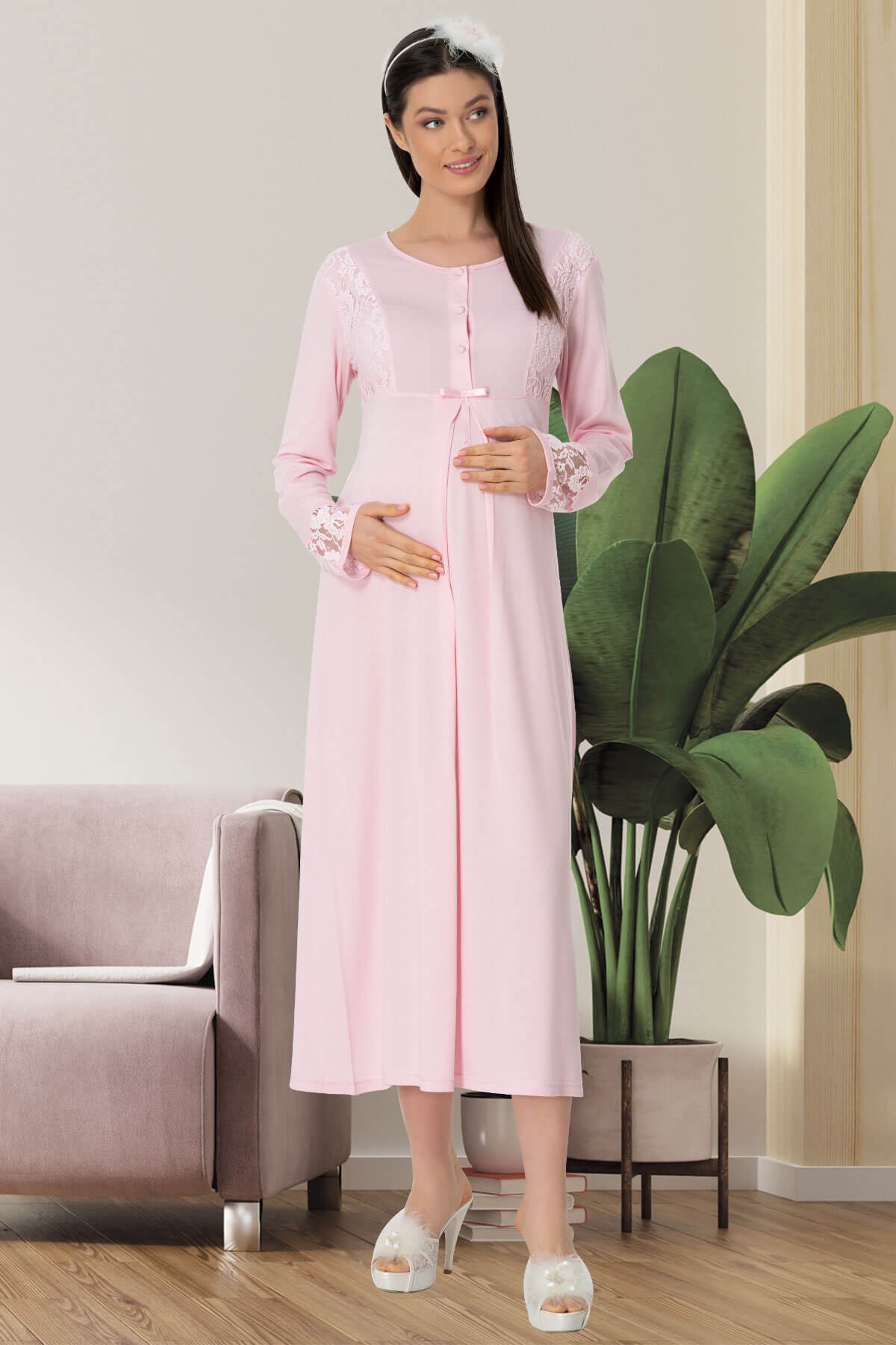 Mecit 5445 Pembe Dört Parça Pijama, Gecelik, Sabahlık Lohusa Seti