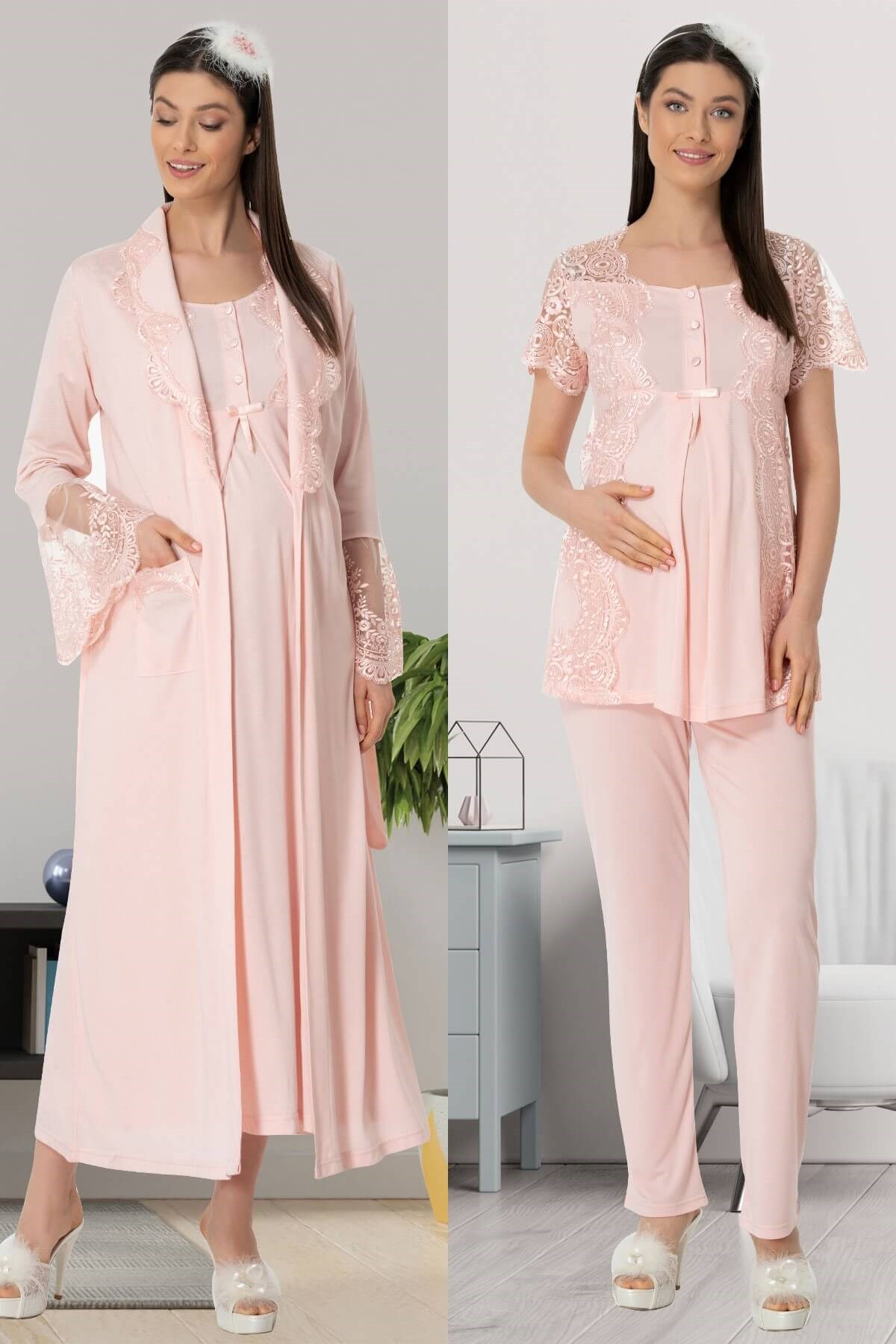 Mecit 5450 Pudra Dört Parça Pijama, Gecelik, Sabahlık Lohusa Seti