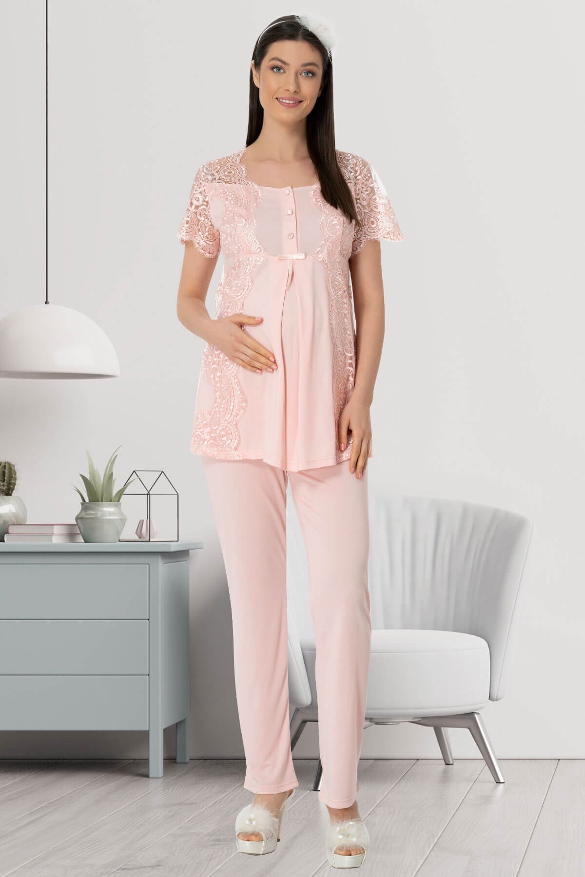 Mecit 5450 Pudra Dört Parça Pijama, Gecelik, Sabahlık Lohusa Seti