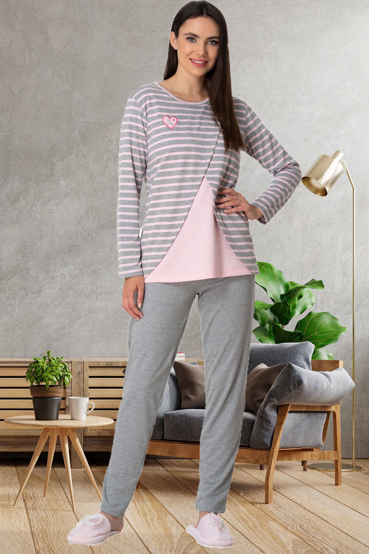 Mecit 5535 Pembe Çizgili Emzirme Özellikli Lohusa Pijama Takımı