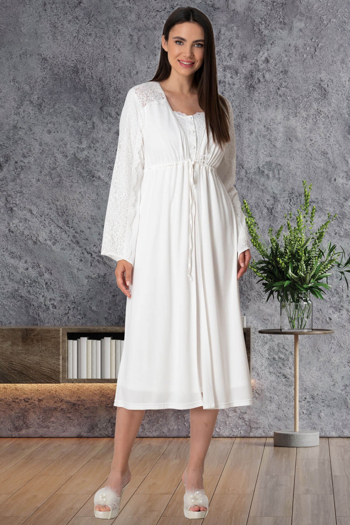 Mecit 5574 Dantel Detaylı Ekru Dört Parça Lohusa Set