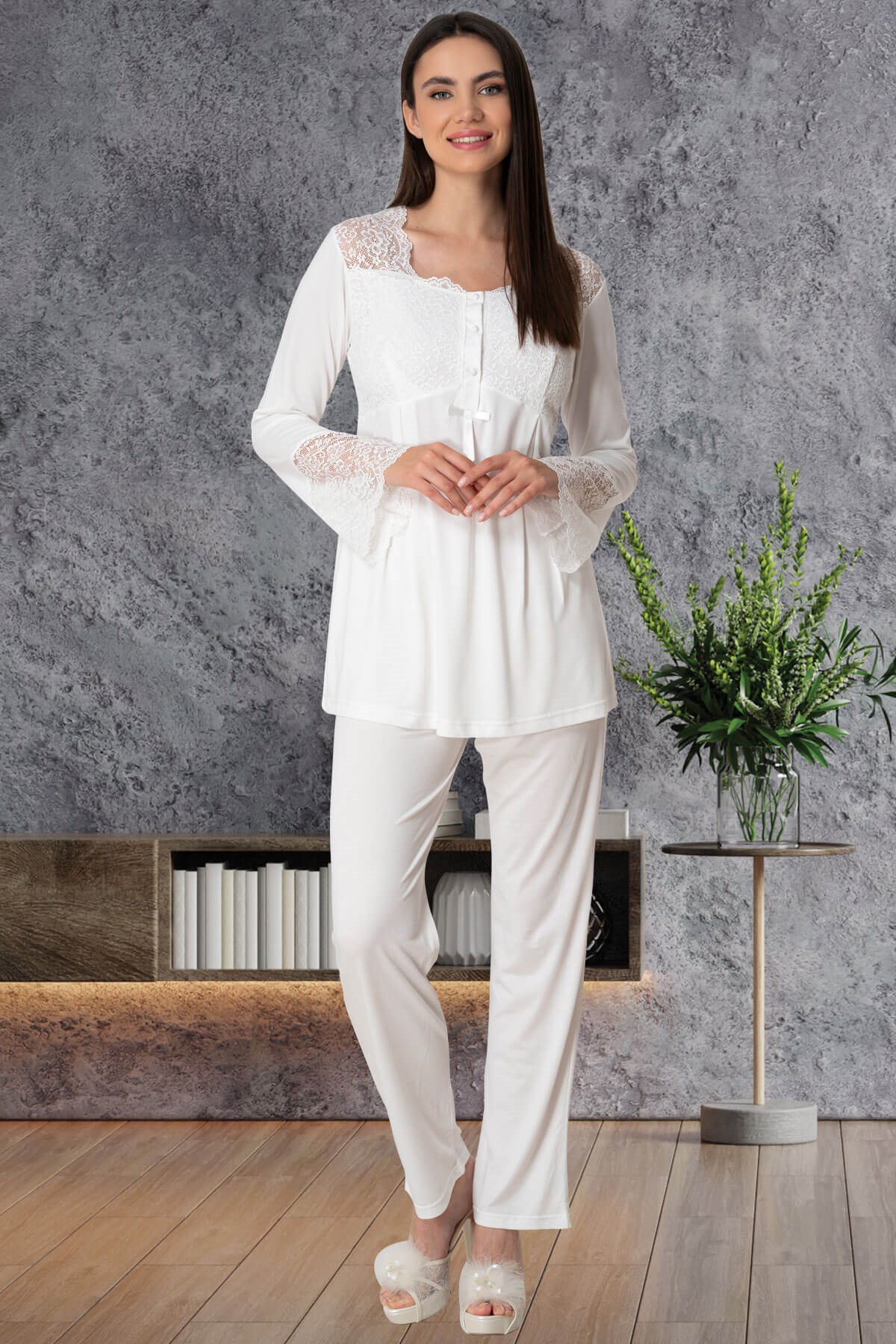 Mecit 5574 Dantel Detaylı Ekru Dört Parça Lohusa Set