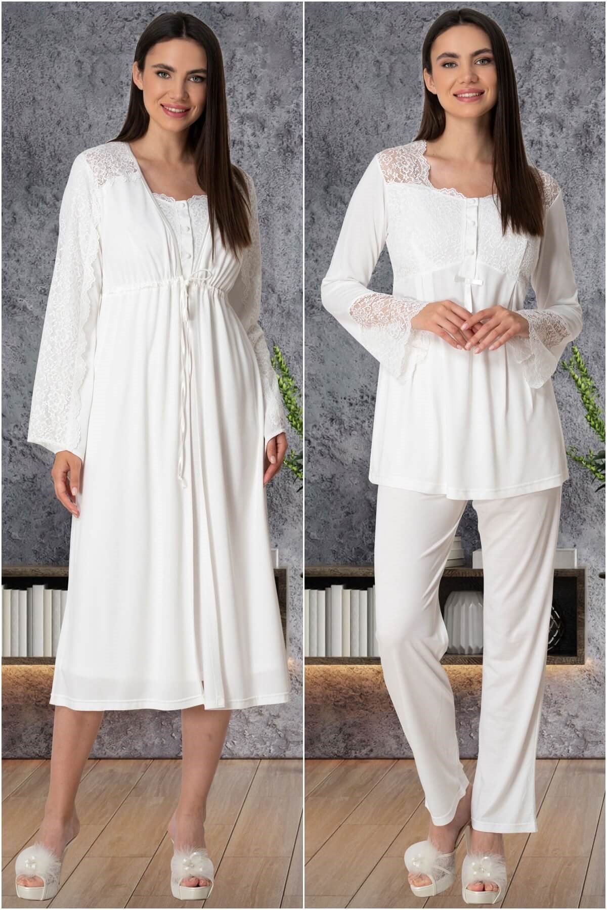 Mecit 5574 Dantel Detaylı Ekru Dört Parça Lohusa Set