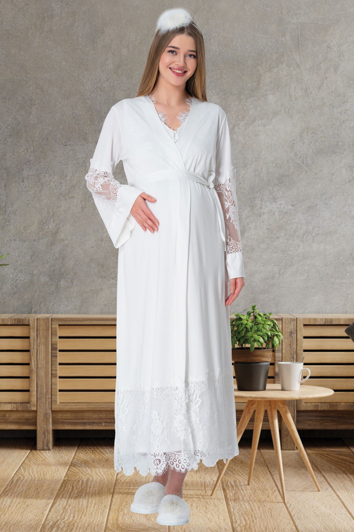 Mecit 5604 Ekru Sabahlık Pijama Gecelik Lohusa Set
