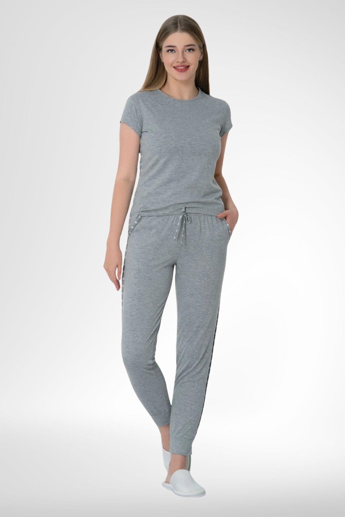 MECİT PİJAMAMecit 5624 Ekru Çizgili Gri Kadın Spor Pijama Takımı