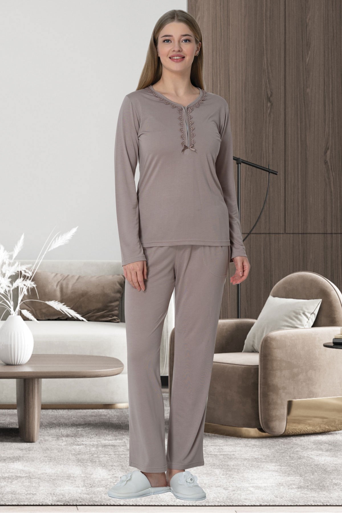 Mecit 5639 Vizon Büyük Beden Kadın Pijama Takımı
