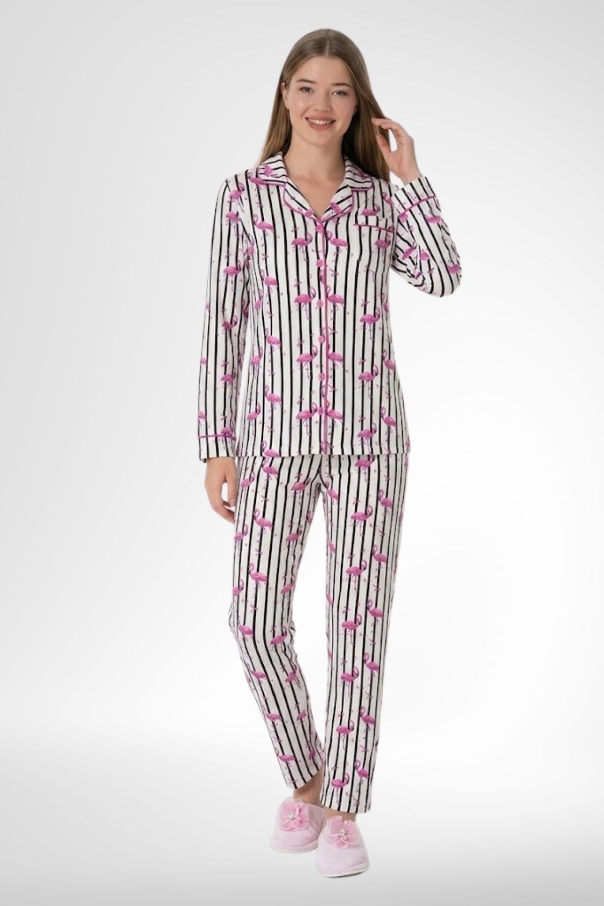MECİT PİJAMAMecit 5923 Flamingo Desenli Boydan Düğmeli Kadın Pijama Takımı