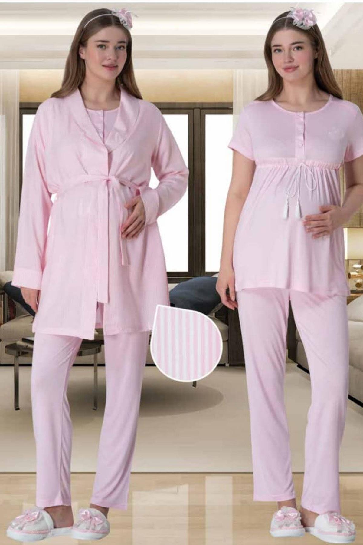 Mecit 6001 Pembe Çizgili Sabahlıklı Lohusa Pijama Takımı
