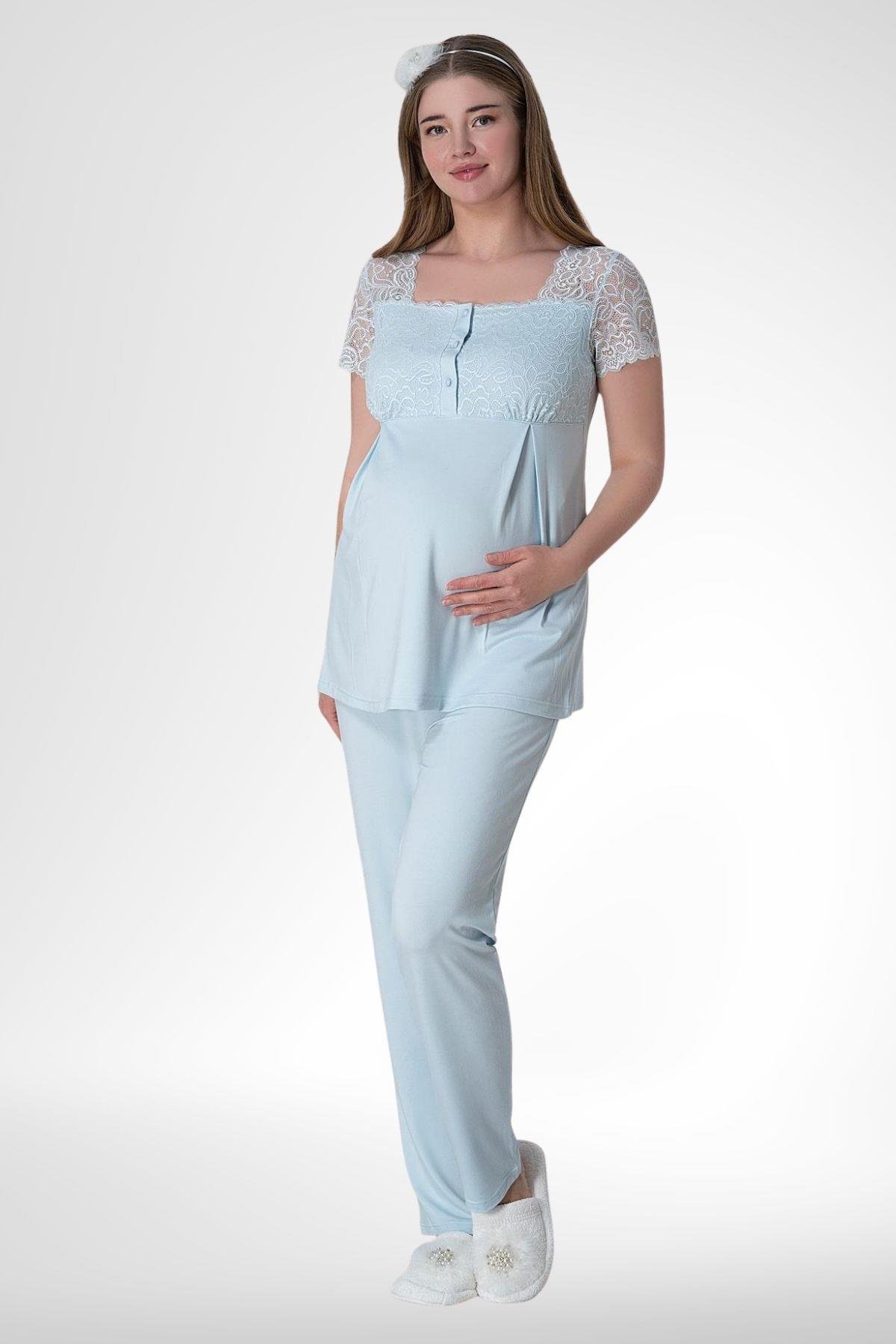 MECİT PİJAMAMecit 6010 Mavi Dantelli Hamile Lohusa Pijama Takımı