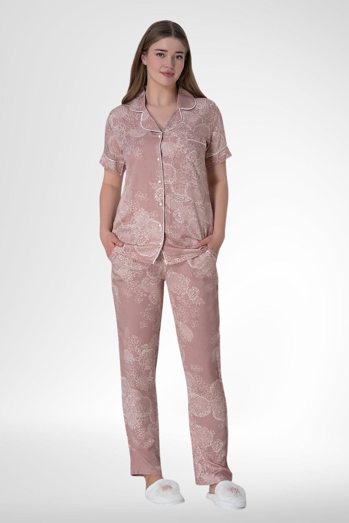 MECİT PİJAMAMecit 6014 Pudra Çiçek Desenli Boydan Düğmeli Kadın Pijama Takımı