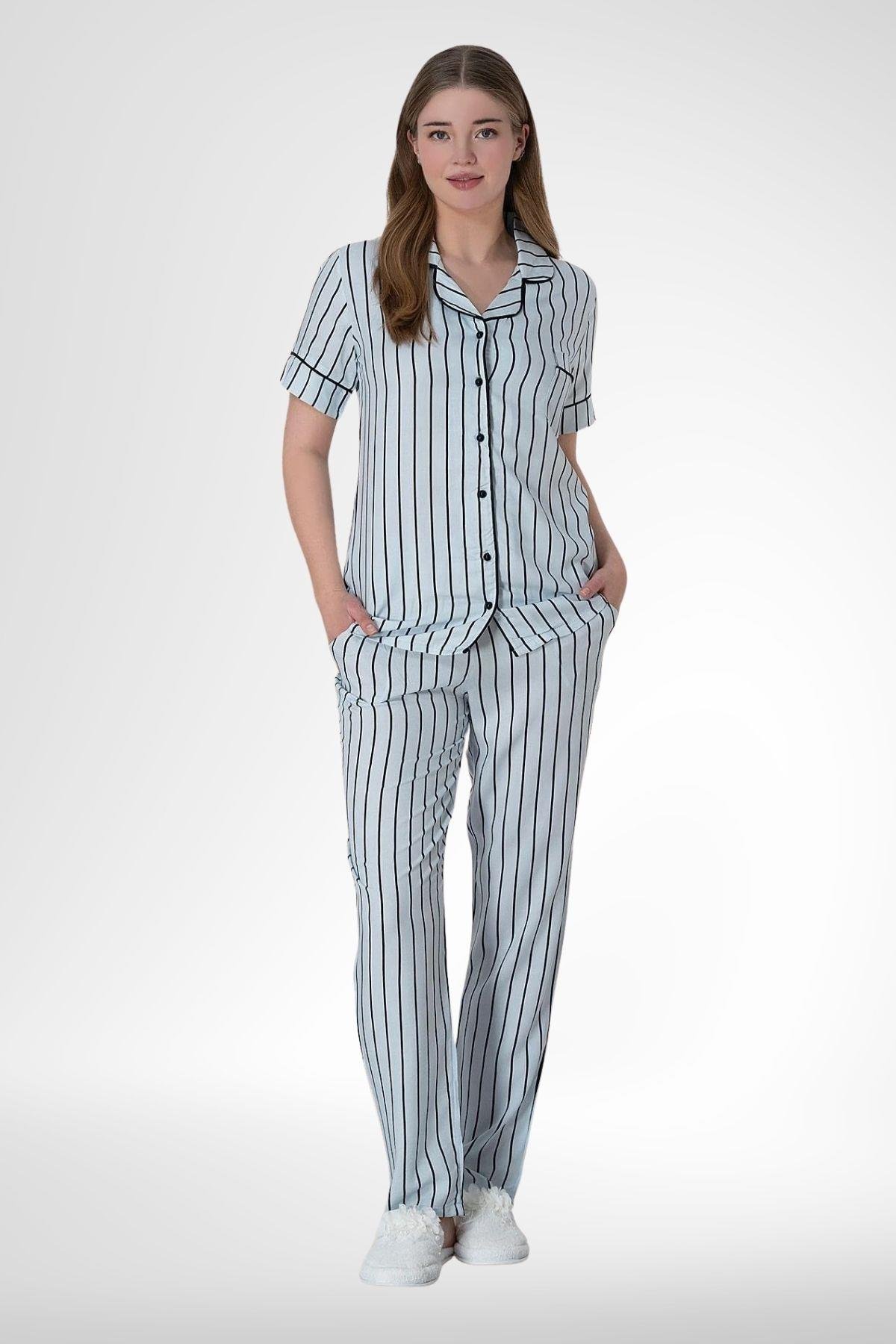 MECİT PİJAMAMecit 6016 Mavi Çizgili Boydan Düğmeli Kadın Pijama Takımı