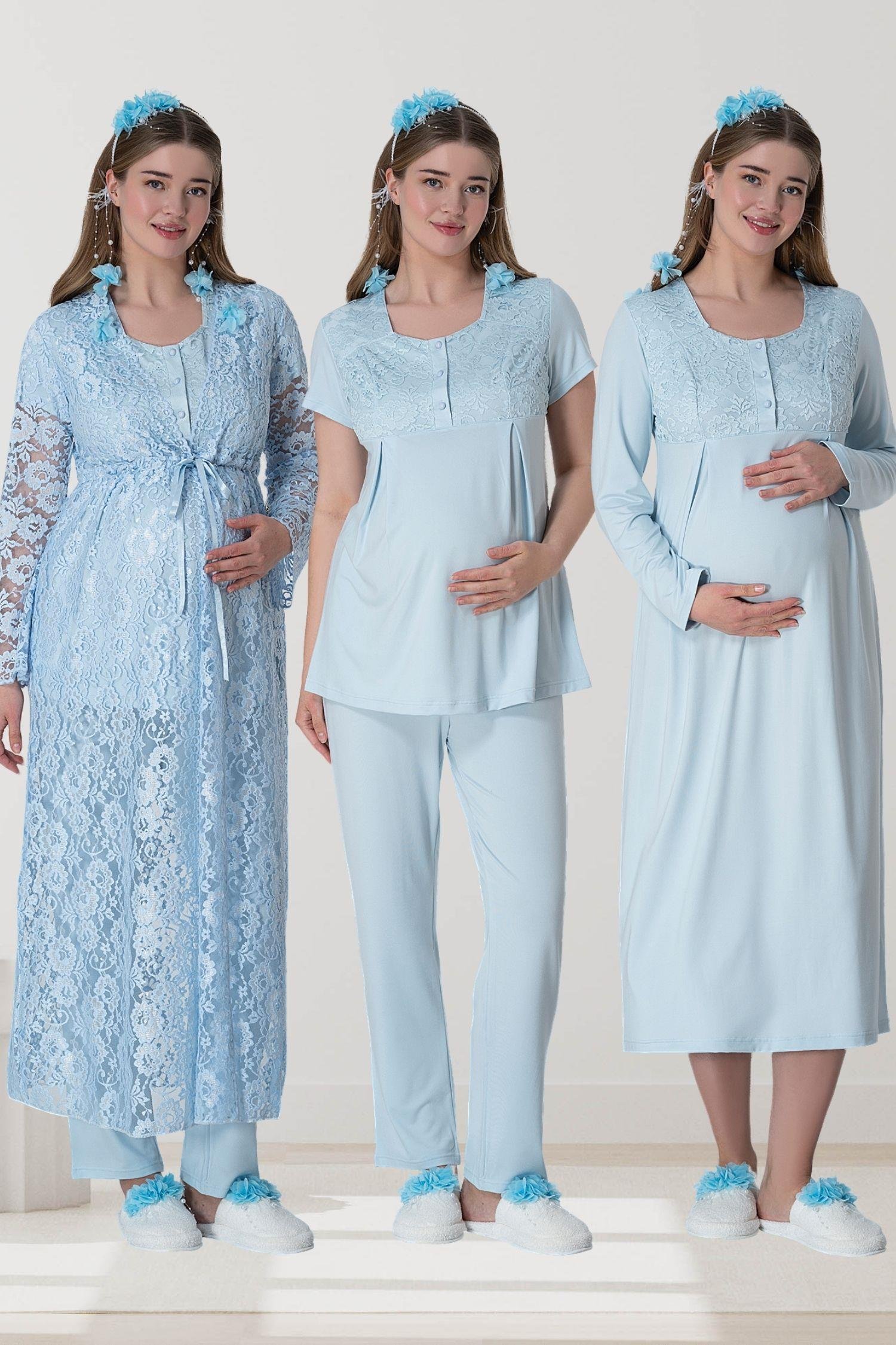 MECİT PİJAMAMecit 6060 Mavi Dantel Sabahlıklı Gecelik Pijama Lohusa Set