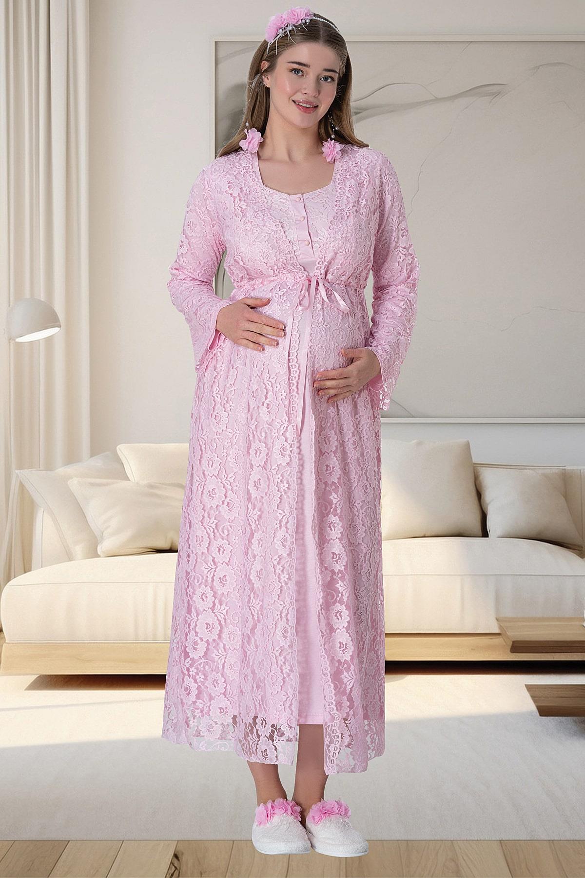 Mecit 6060 Pembe Dantel Sabahlıklı Gecelik Pijama Lohusa Set