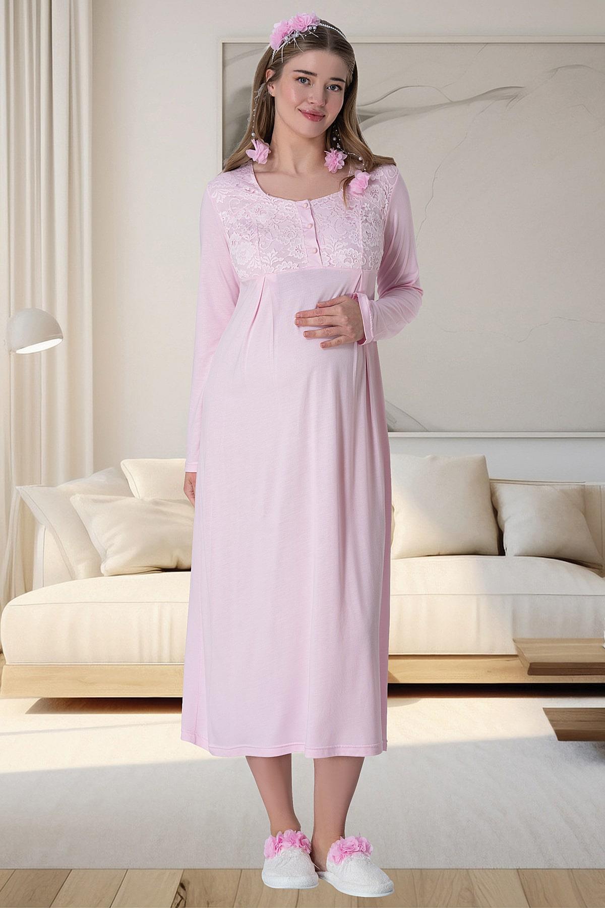 Mecit 6060 Pembe Dantel Sabahlıklı Gecelik Pijama Lohusa Set