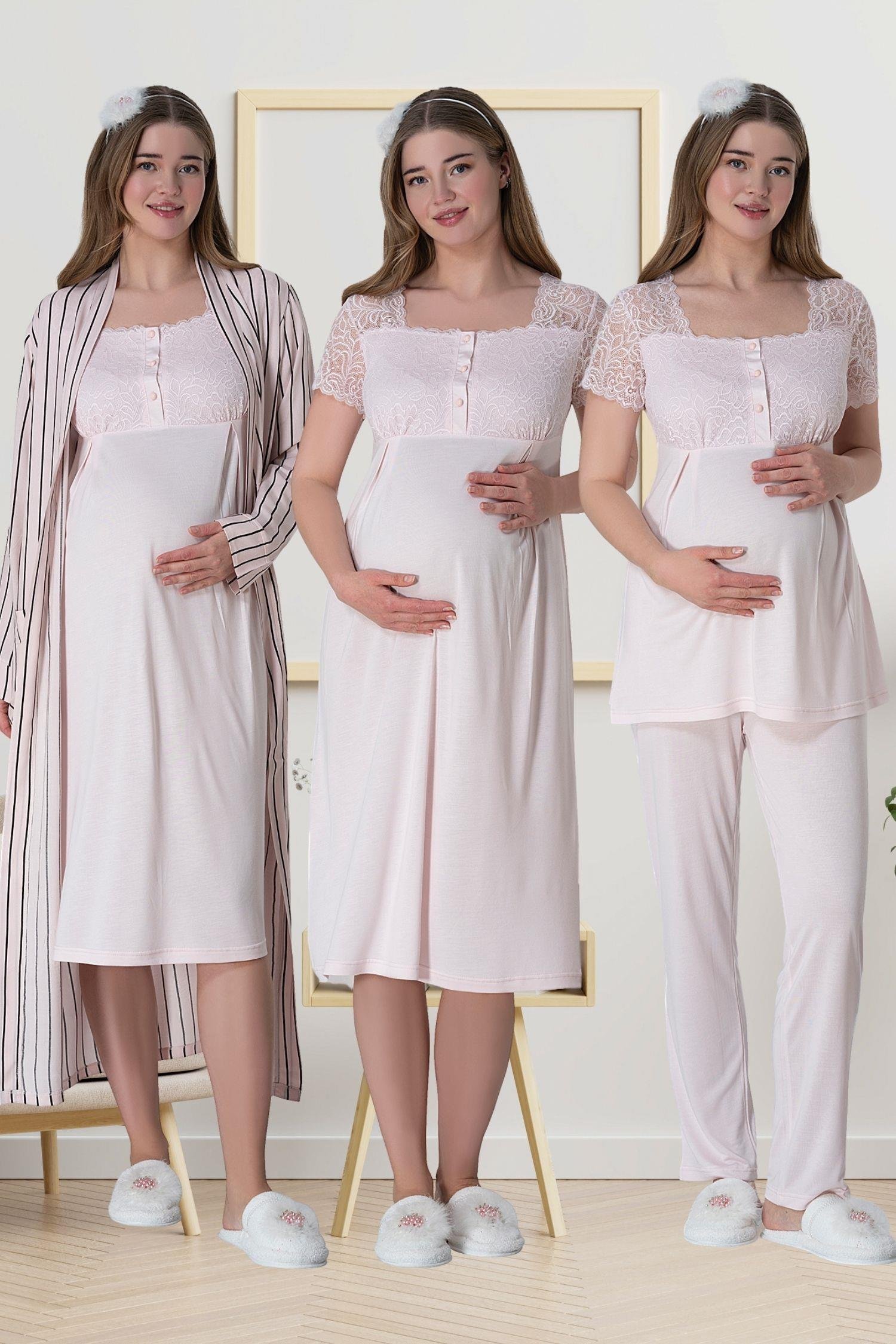 MECİT PİJAMAMecit 6063 Pembe Çizgili Uzun Sabahlıklı Gecelik Pijama Lohusa Set