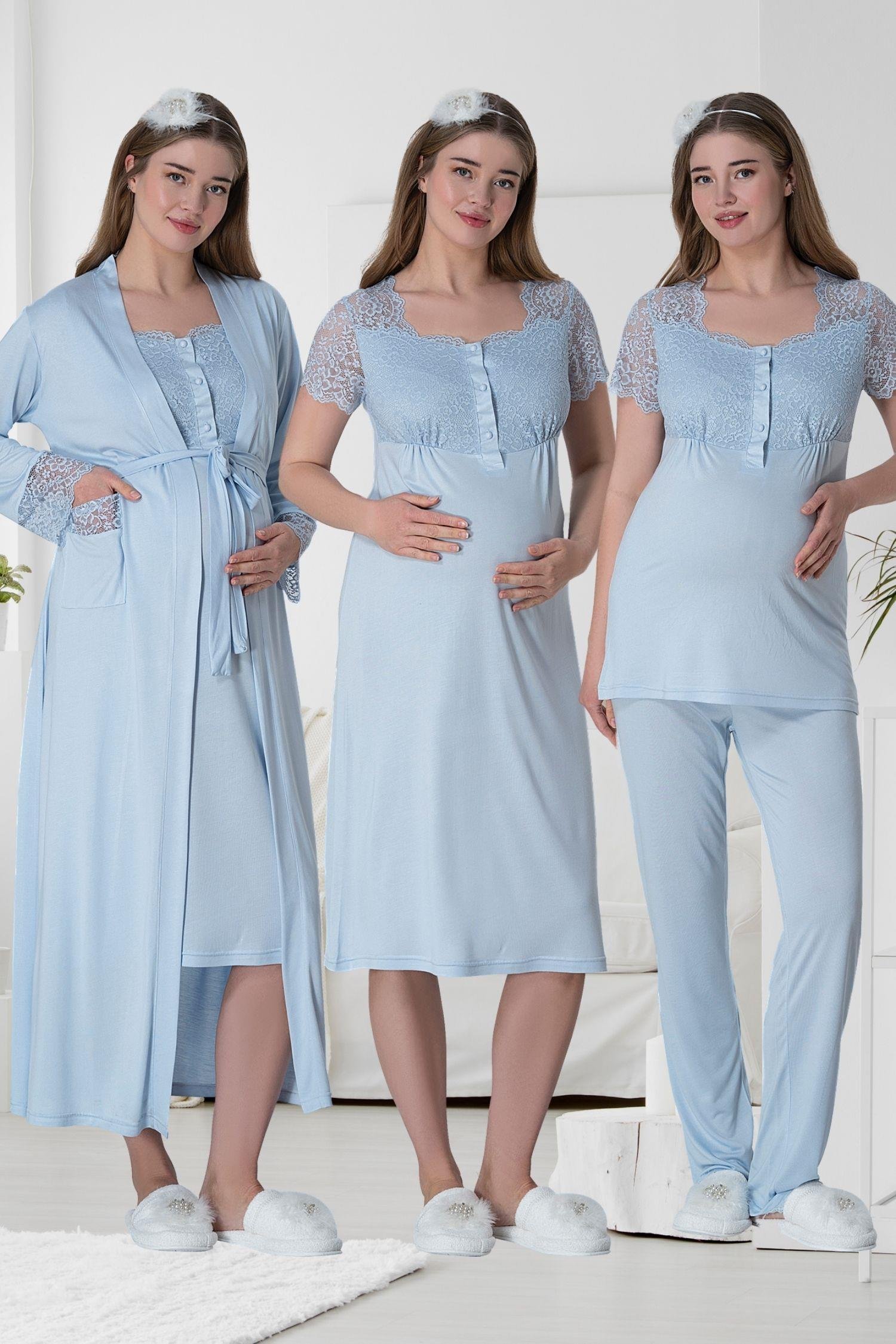 MECİT PİJAMAMecit 6065 Mavi Uzun Sabahlıklı Gecelik Pijama Lohusa Set