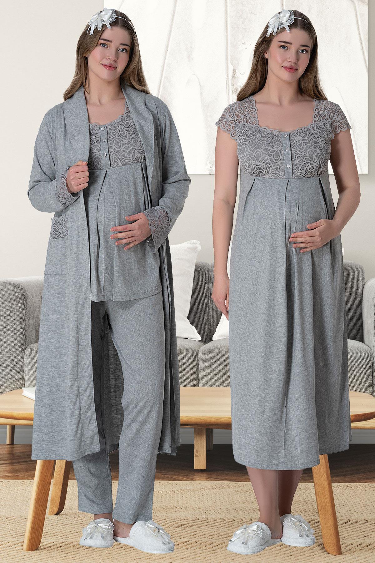 Mecit 6066 Gri Sabahlıklı Gecelik Pijama Lohusa Set