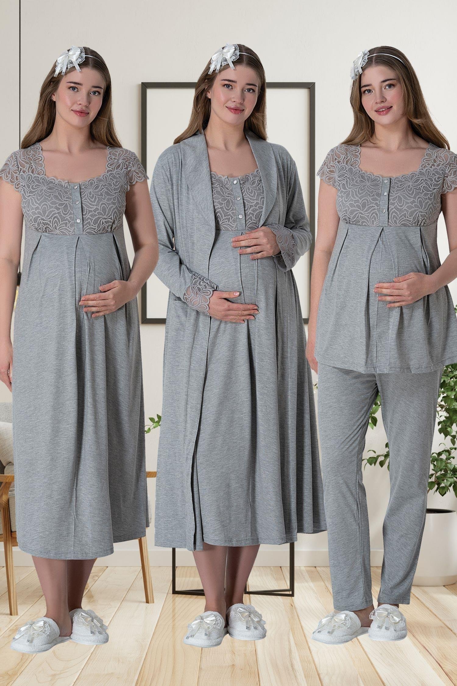 MECİT PİJAMAMecit 6066 Gri Sabahlıklı Gecelik Pijama Lohusa Set