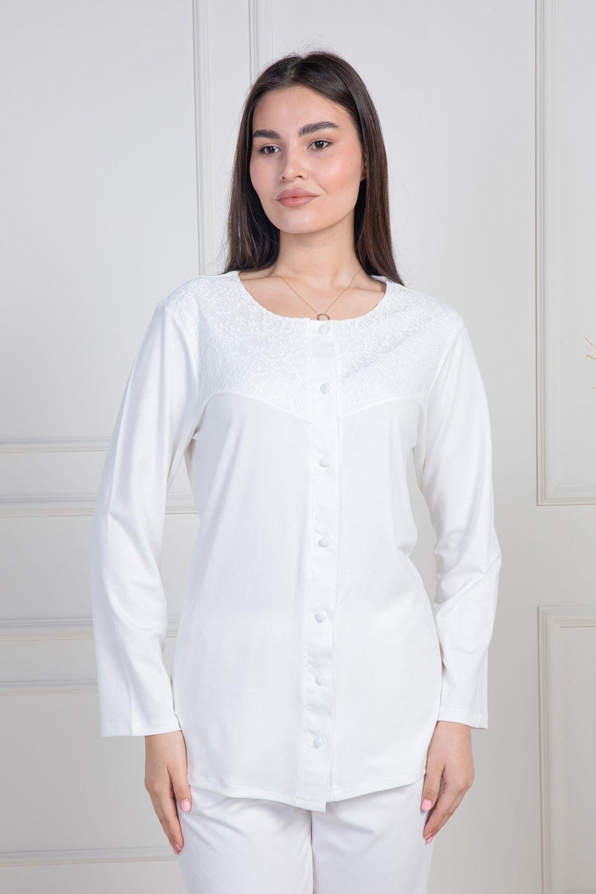 Mecit PijamaMecit 6105 Ekru Kadın Büyük Beden Boydan Düğmeli Pijama Takımı