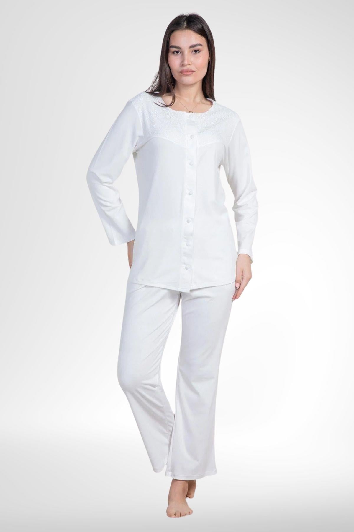 MECİT PİJAMAMecit 6105 Ekru Kadın Büyük Beden Boydan Düğmeli Pijama Takımı