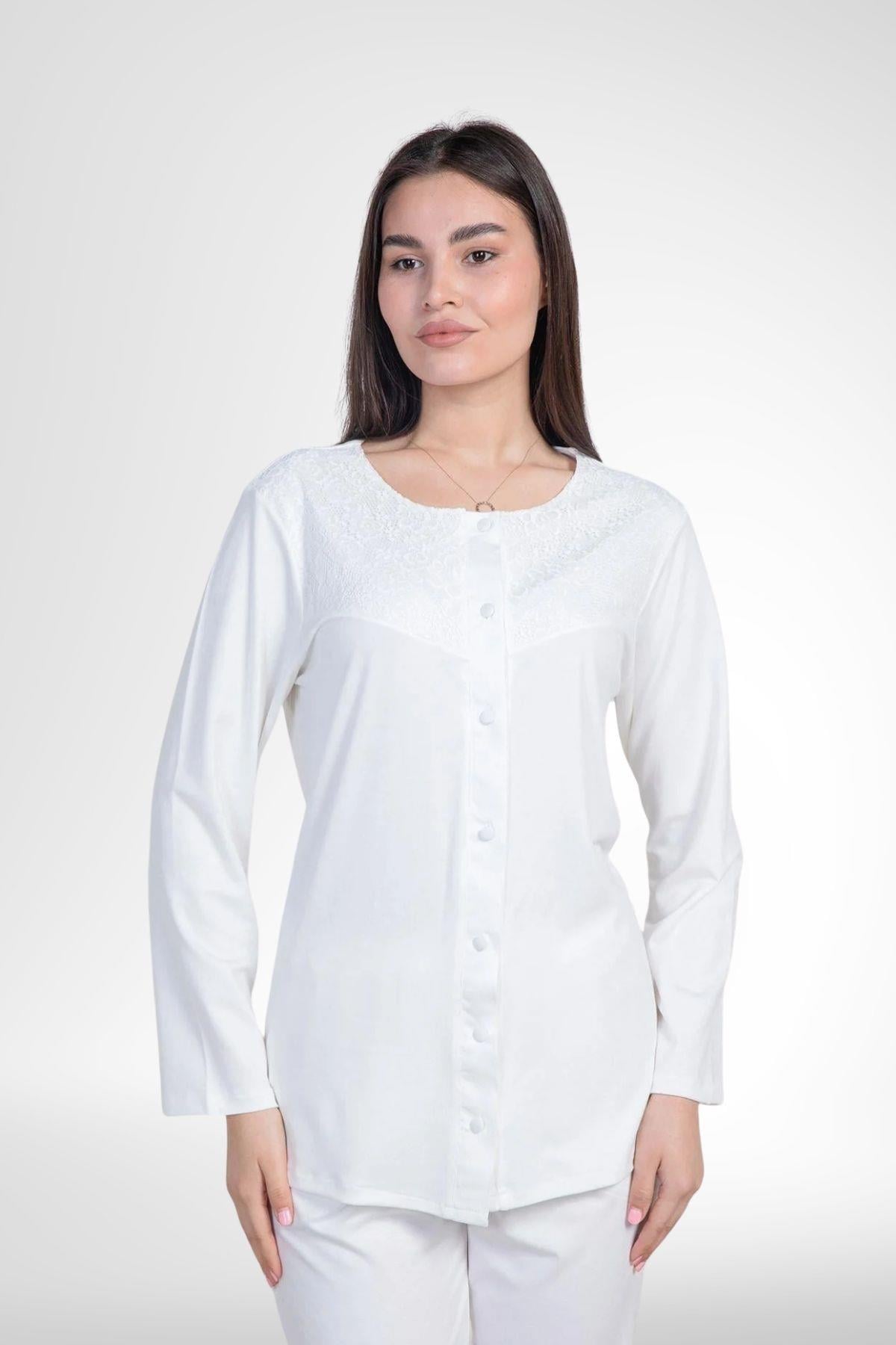 MECİT PİJAMAMecit 6105 Ekru Kadın Büyük Beden Boydan Düğmeli Pijama Takımı