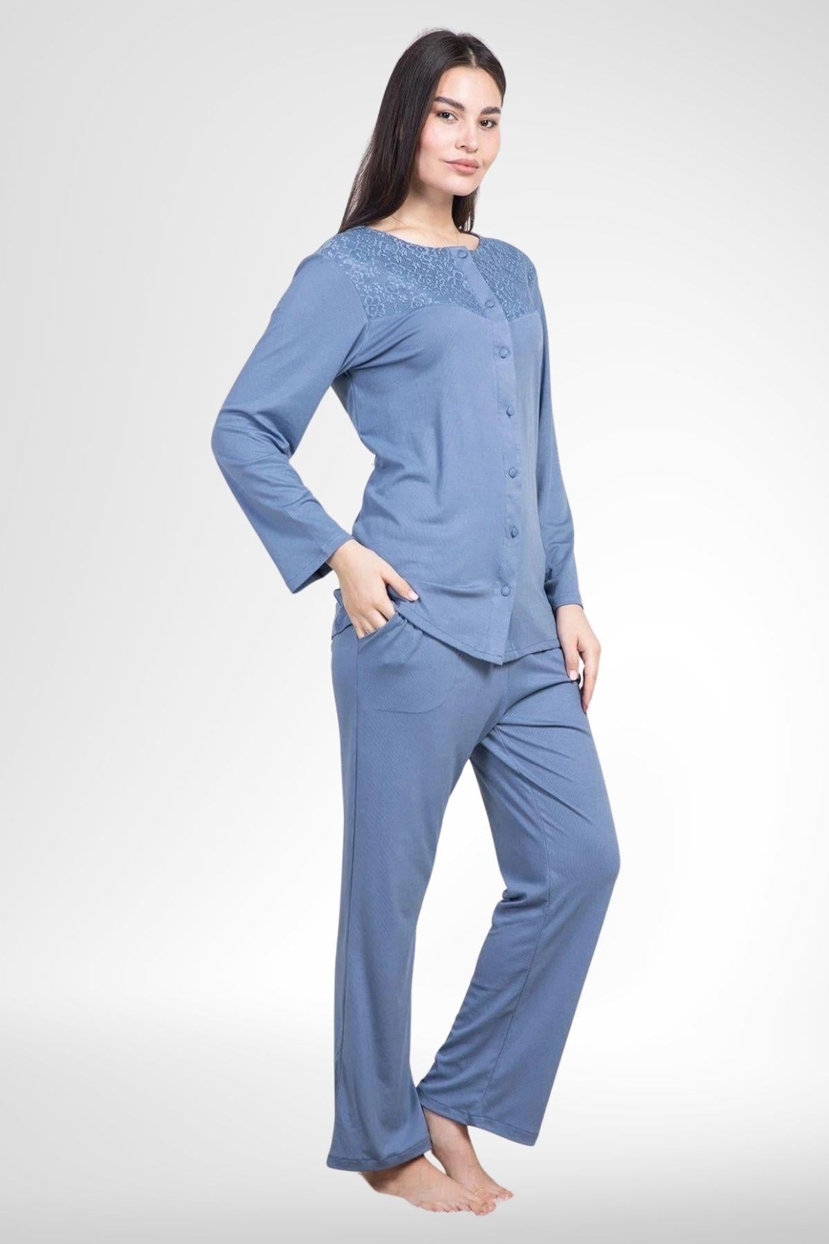MECİT PİJAMAMecit 6105 İndigo Kadın Büyük Beden Boydan Düğmeli Pijama Takımı