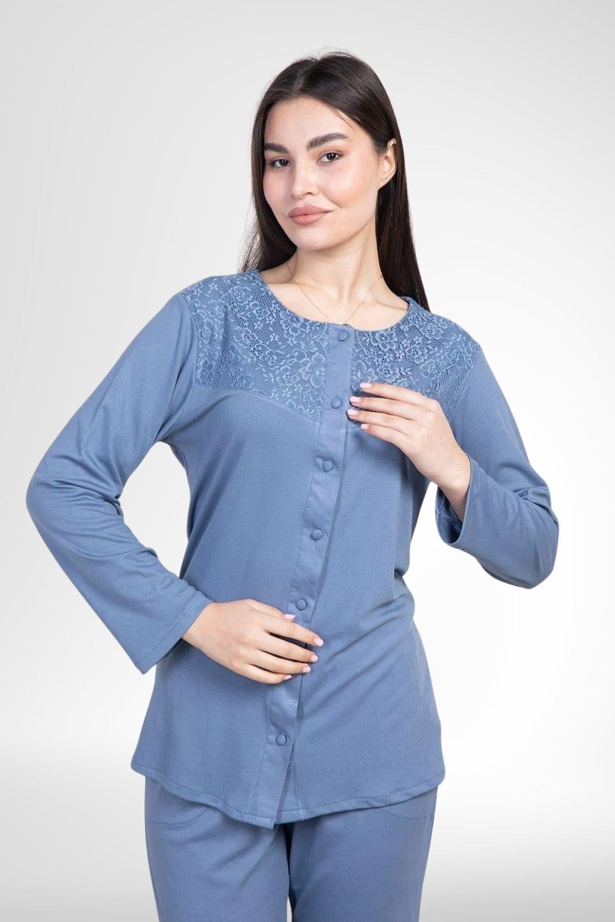 MECİT PİJAMAMecit 6105 İndigo Kadın Büyük Beden Boydan Düğmeli Pijama Takımı