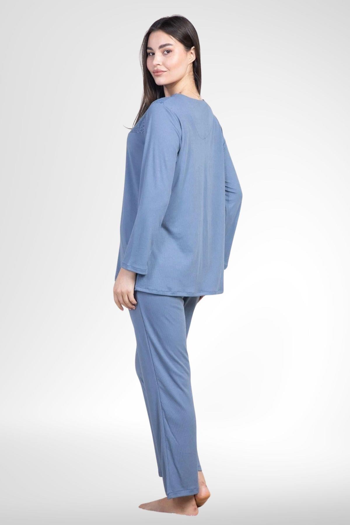 MECİT PİJAMAMecit 6105 İndigo Kadın Büyük Beden Boydan Düğmeli Pijama Takımı