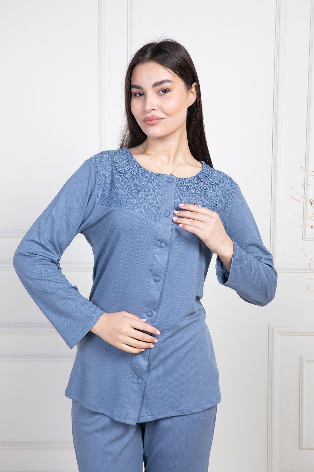 Mecit PijamaMecit 6105 İndigo Kadın Büyük Beden Boydan Düğmeli Pijama Takımı