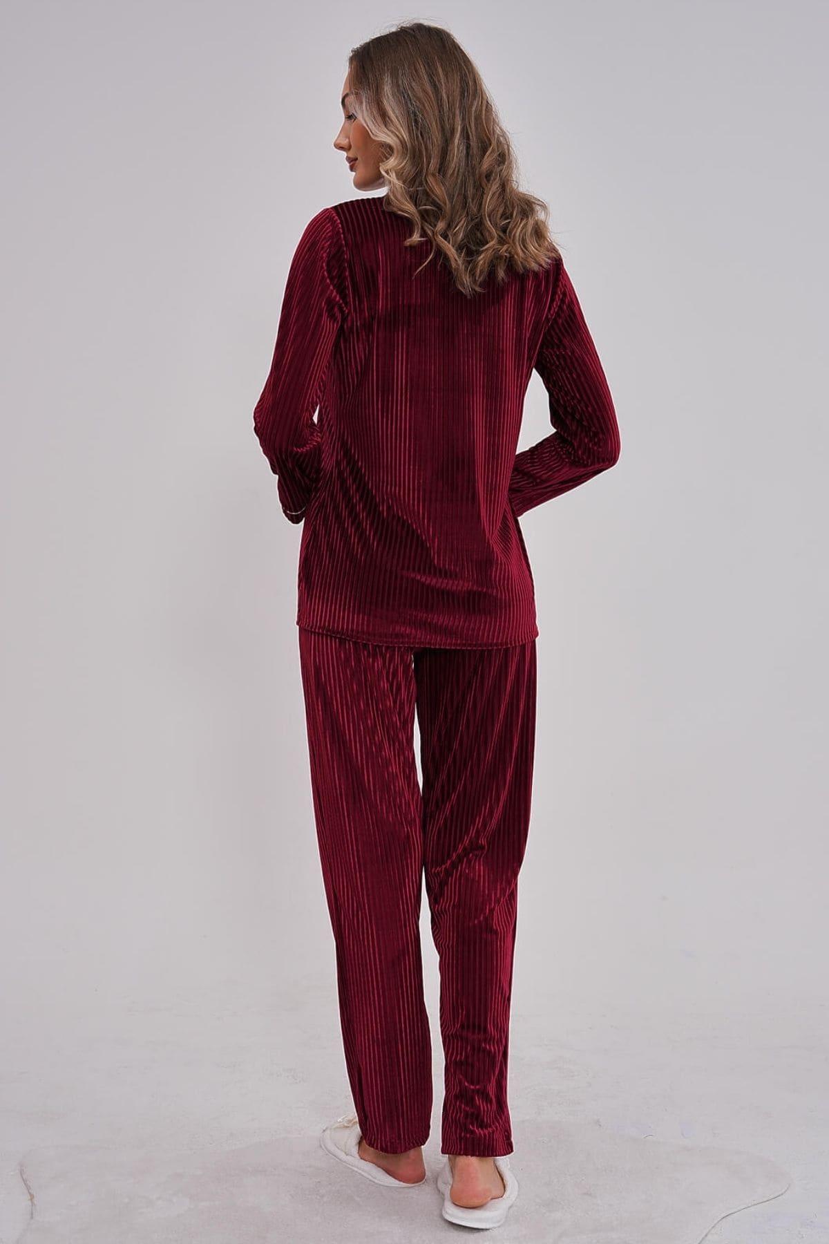 Mecit PijamaMecit 6120 Bordo Kadife Boydan Düğmeli Kadın Pijama Takımı