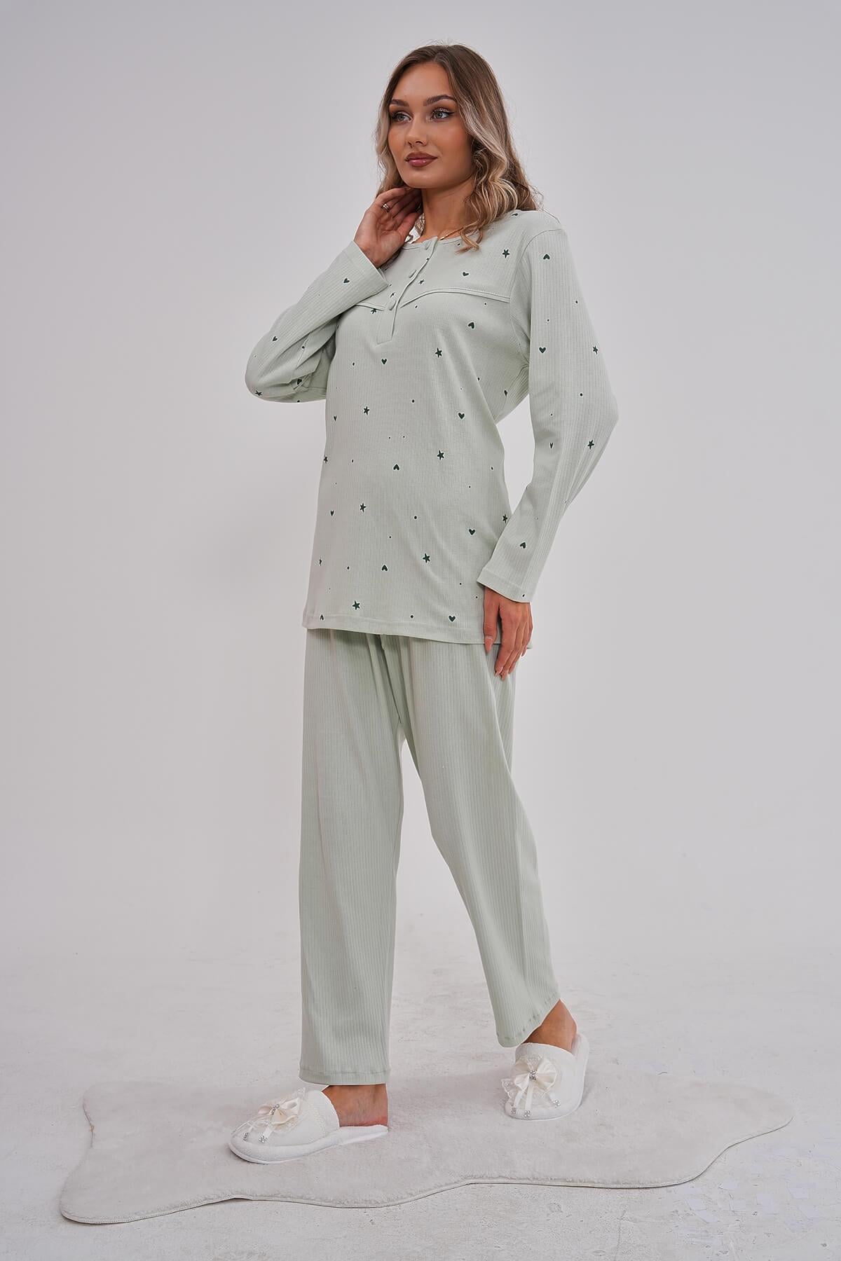 Mecit PijamaMecit 6150 Fıstık Yeşil Kadın %100 Pamuk Büyük Beden Pijama Takımı