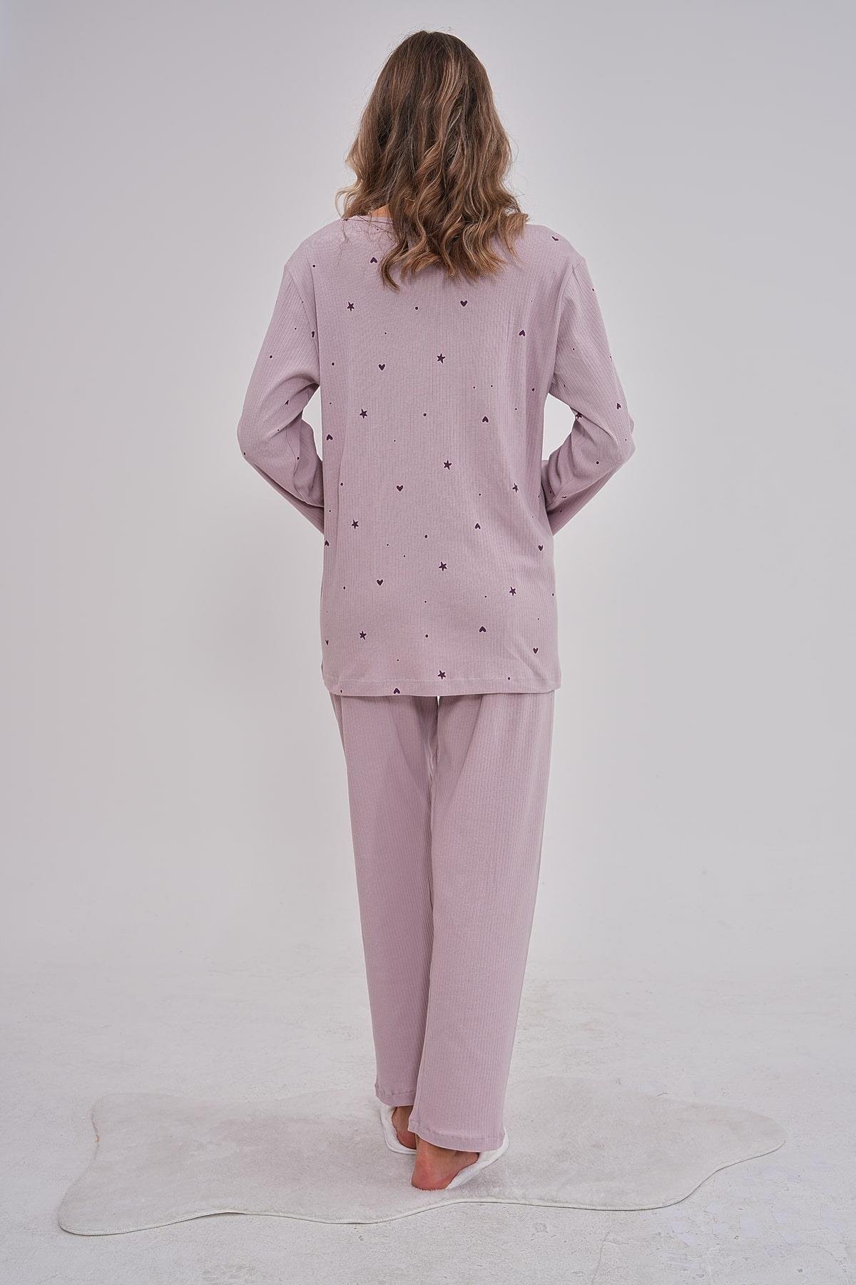 Mecit PijamaMecit 6151 Lila Boydan Düğmeli %100 Pamuk Büyük Beden Pijama Takımı