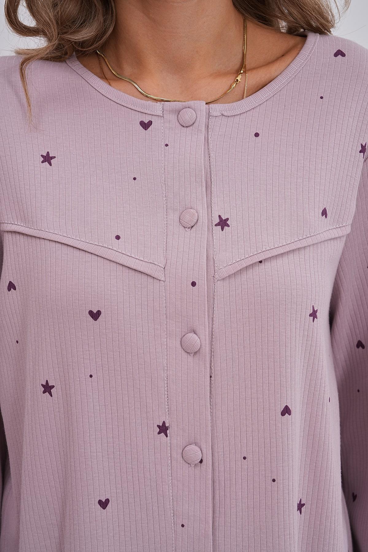 Mecit PijamaMecit 6151 Lila Boydan Düğmeli %100 Pamuk Büyük Beden Pijama Takımı