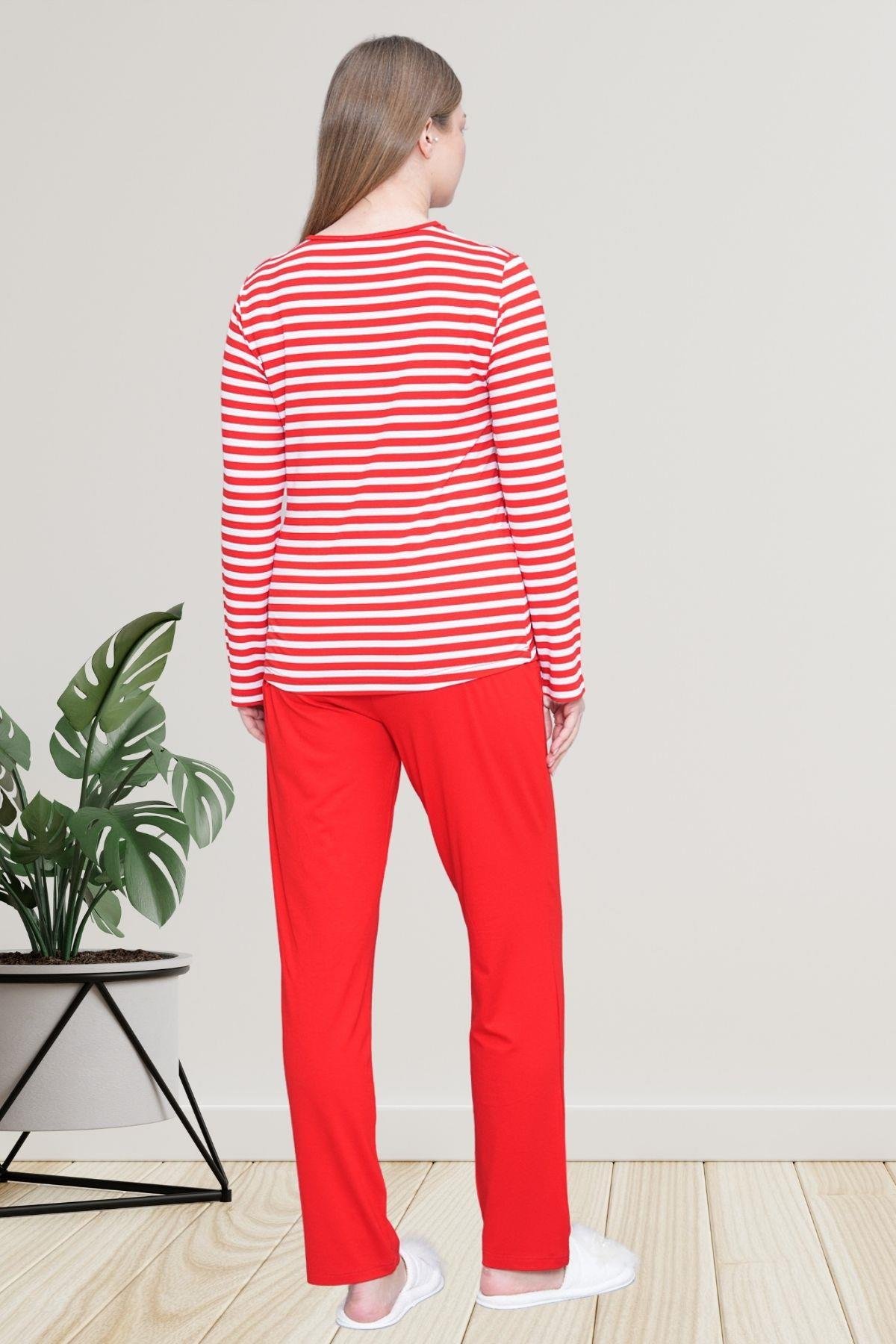 Mecit PijamaMecit 6201 Kırmızı Çizgili Uzun Kollu Kadın Pijama Takımı