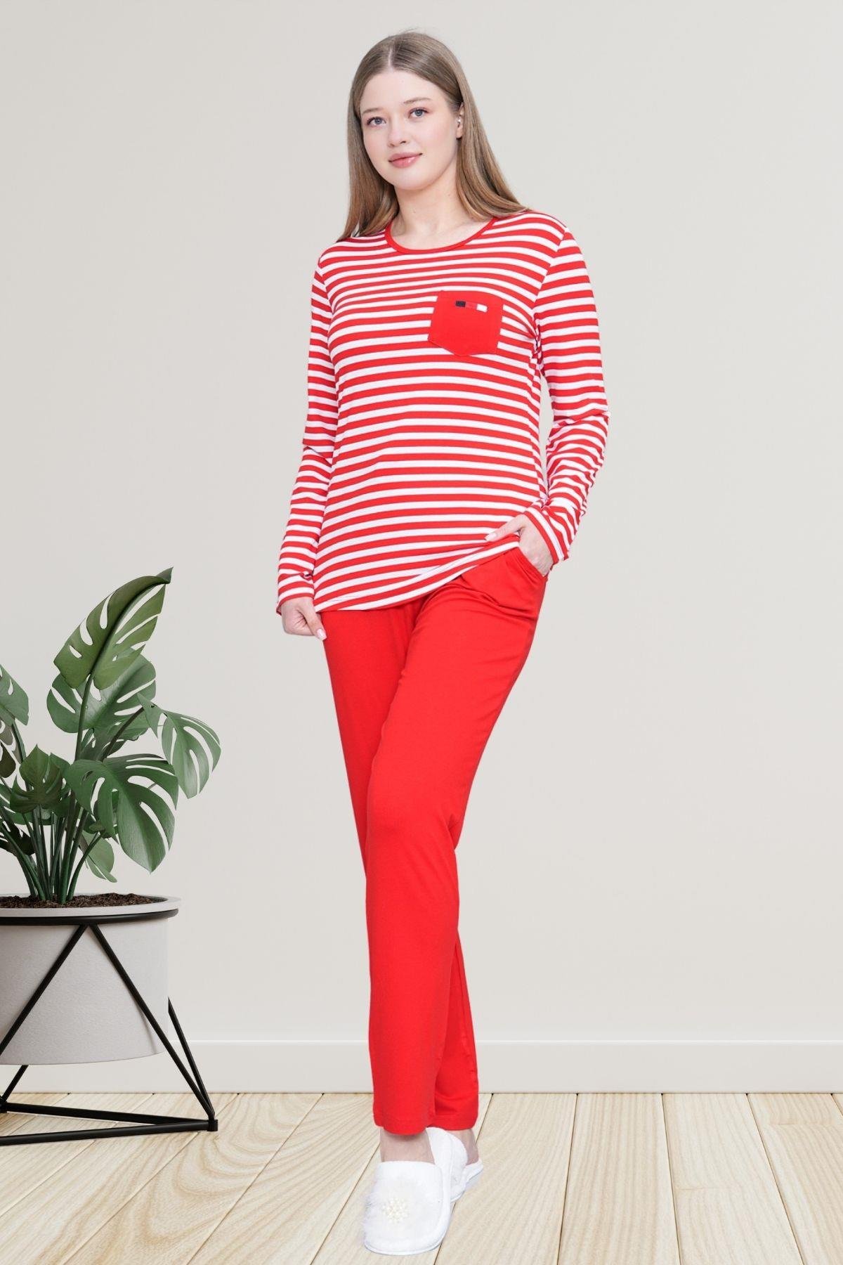 Mecit PijamaMecit 6201 Kırmızı Çizgili Uzun Kollu Kadın Pijama Takımı