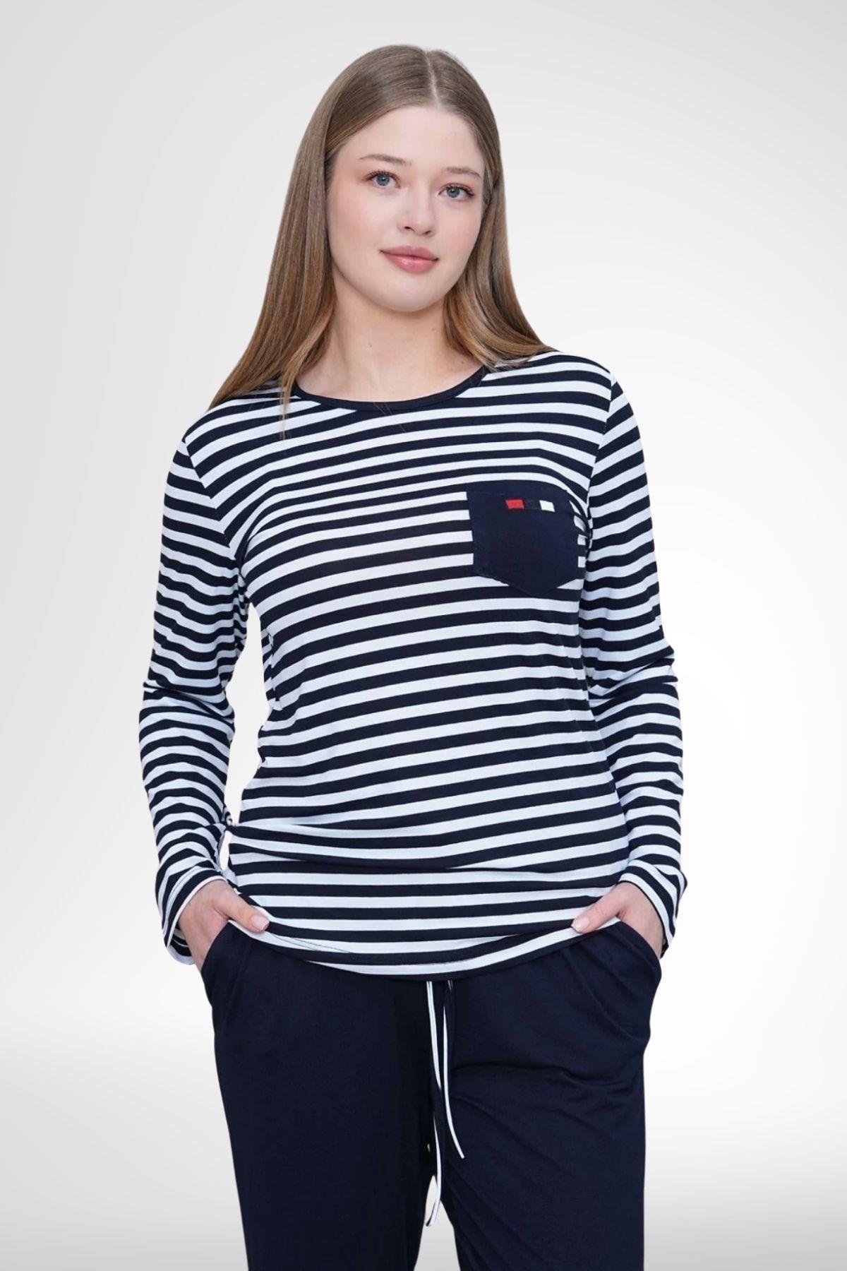 MECİT PİJAMAMecit 6201 Lacivert Çizgili Büyük Beden Kadın Pijama Takımı