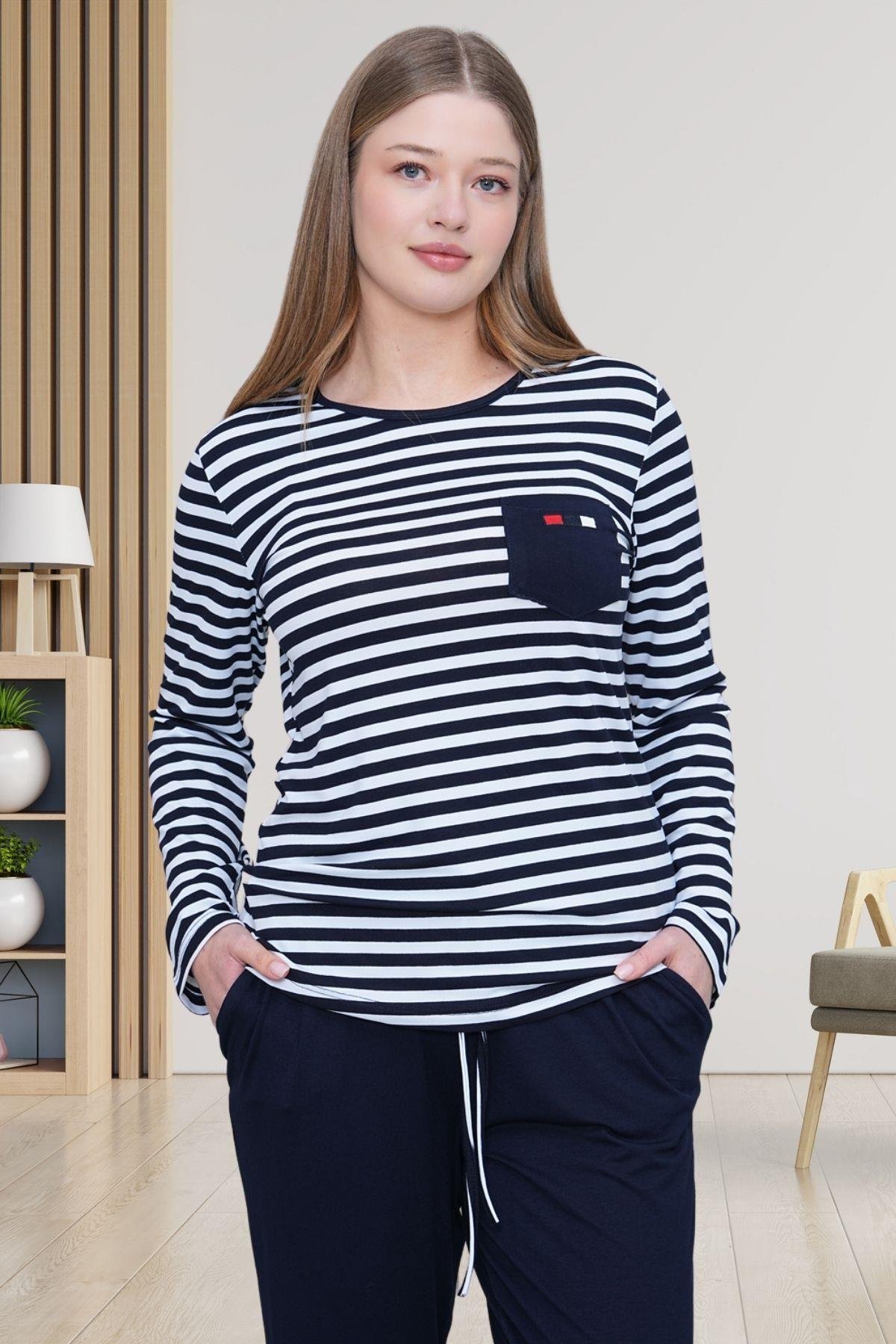 Mecit PijamaMecit 6201 Lacivert Çizgili Büyük Beden Kadın Pijama Takımı