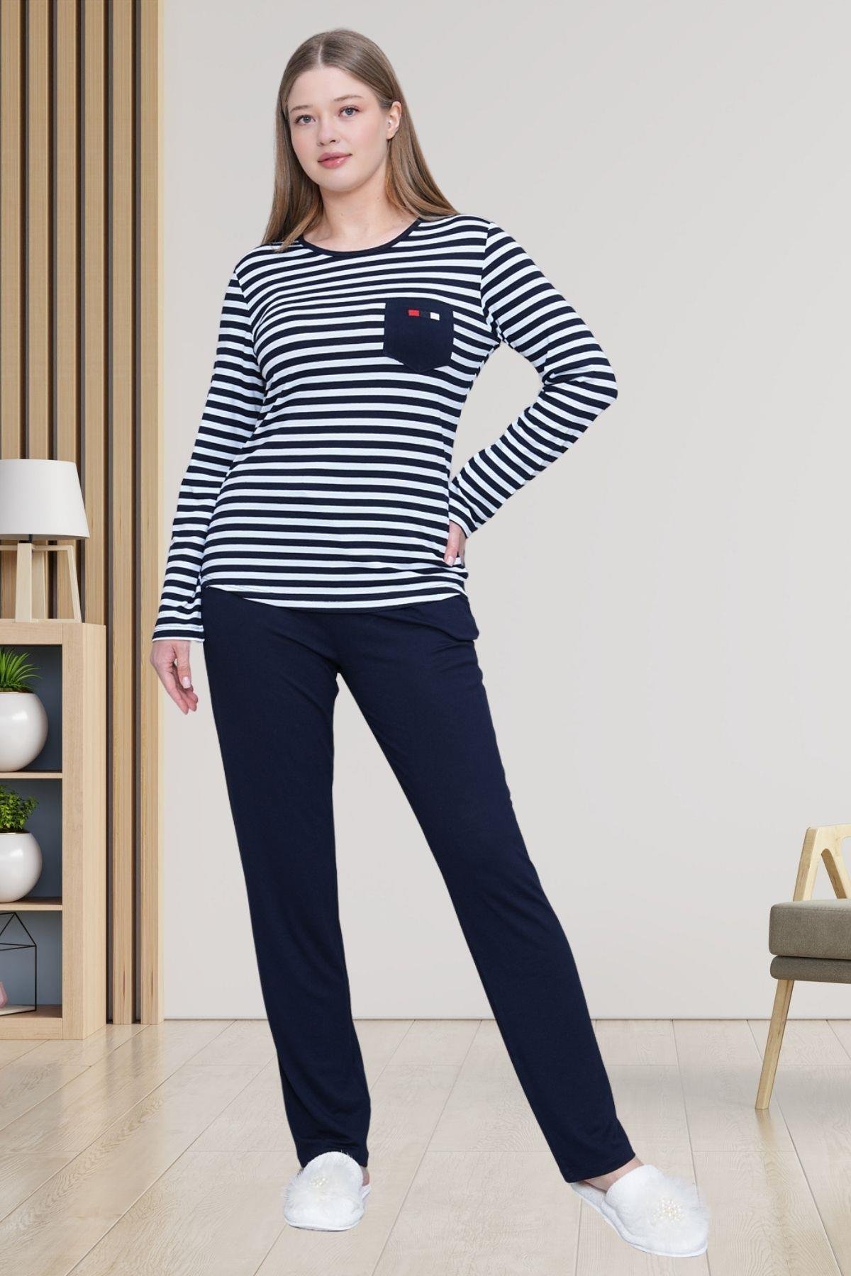Mecit PijamaMecit 6201 Lacivert Çizgili Büyük Beden Kadın Pijama Takımı