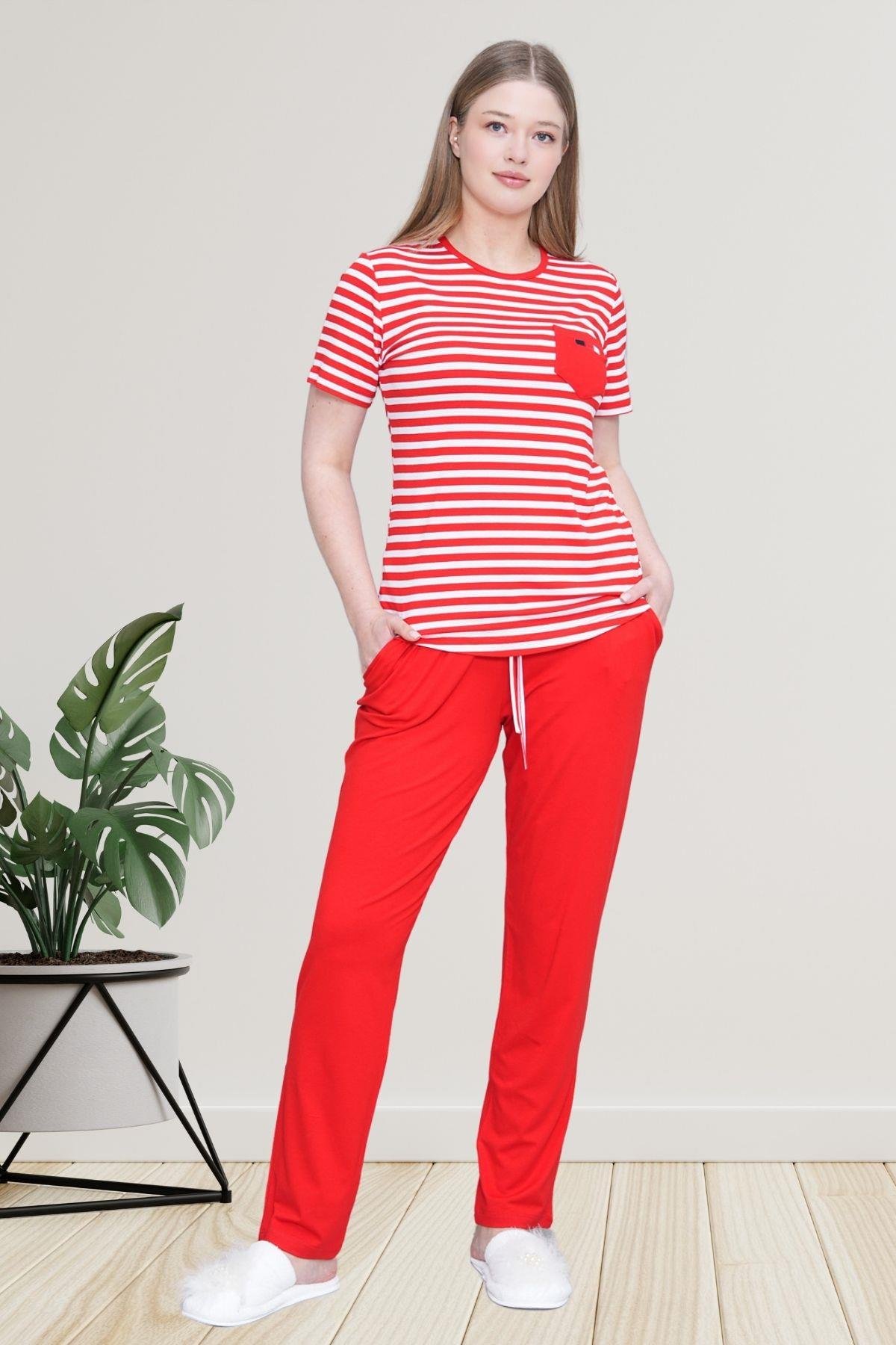 Mecit PijamaMecit 6202 Kırmızı Çizgili Büyük Beden Kadın Pijama Takımı