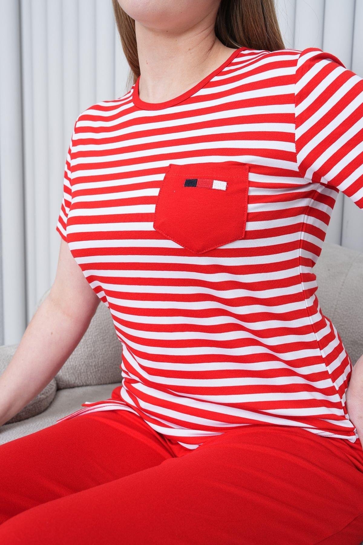 Mecit PijamaMecit 6202 Kırmızı Çizgili Büyük Beden Kadın Pijama Takımı