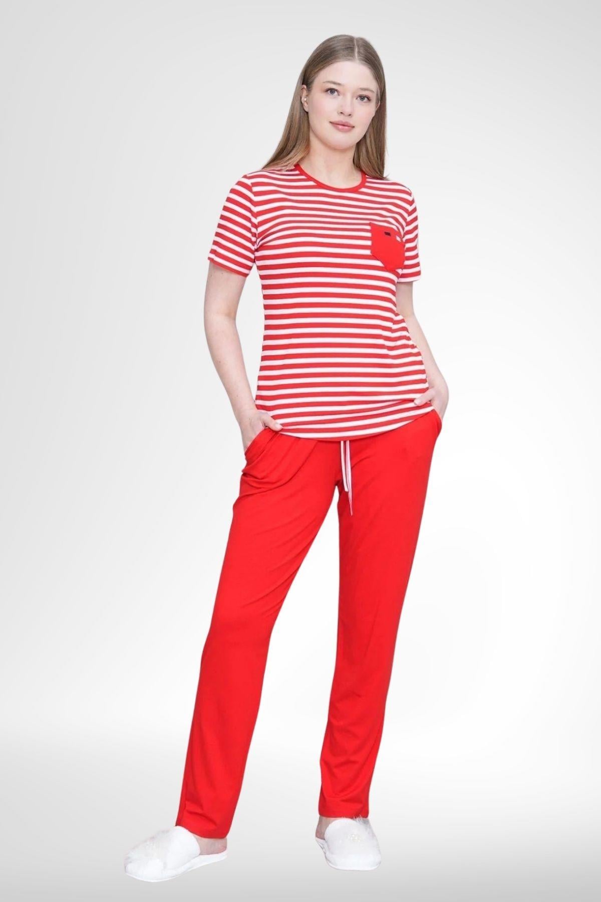 MECİT PİJAMAMecit 6202 Kırmızı Çizgili Büyük Beden Kadın Pijama Takımı