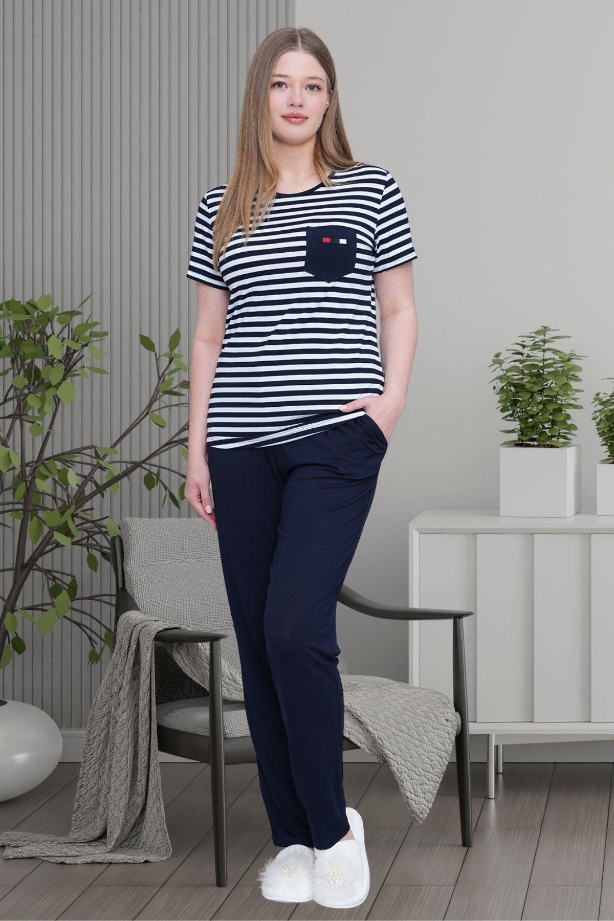 Mecit PijamaMecit 6202 Lacivert Çizgili Büyük Beden Kadın Pijama Takımı