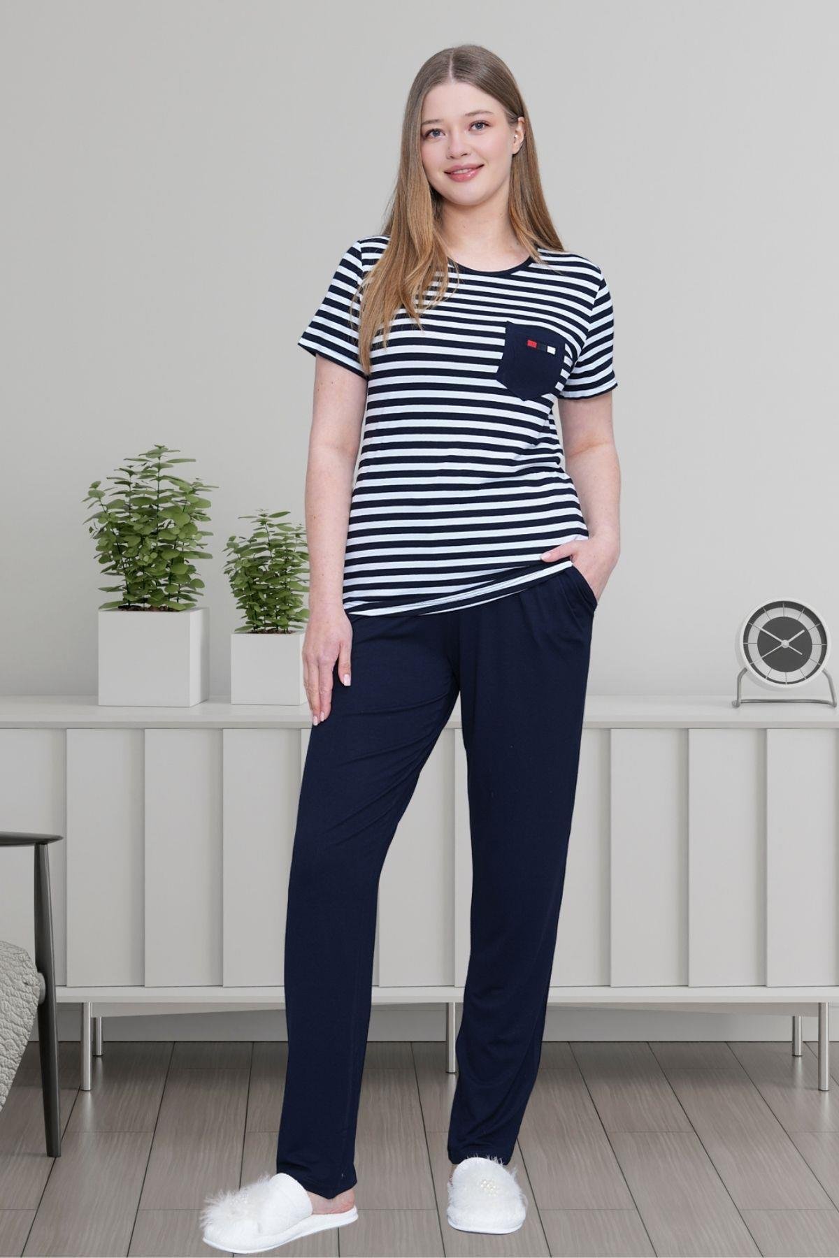 Mecit PijamaMecit 6202 Lacivert Çizgili Büyük Beden Kadın Pijama Takımı