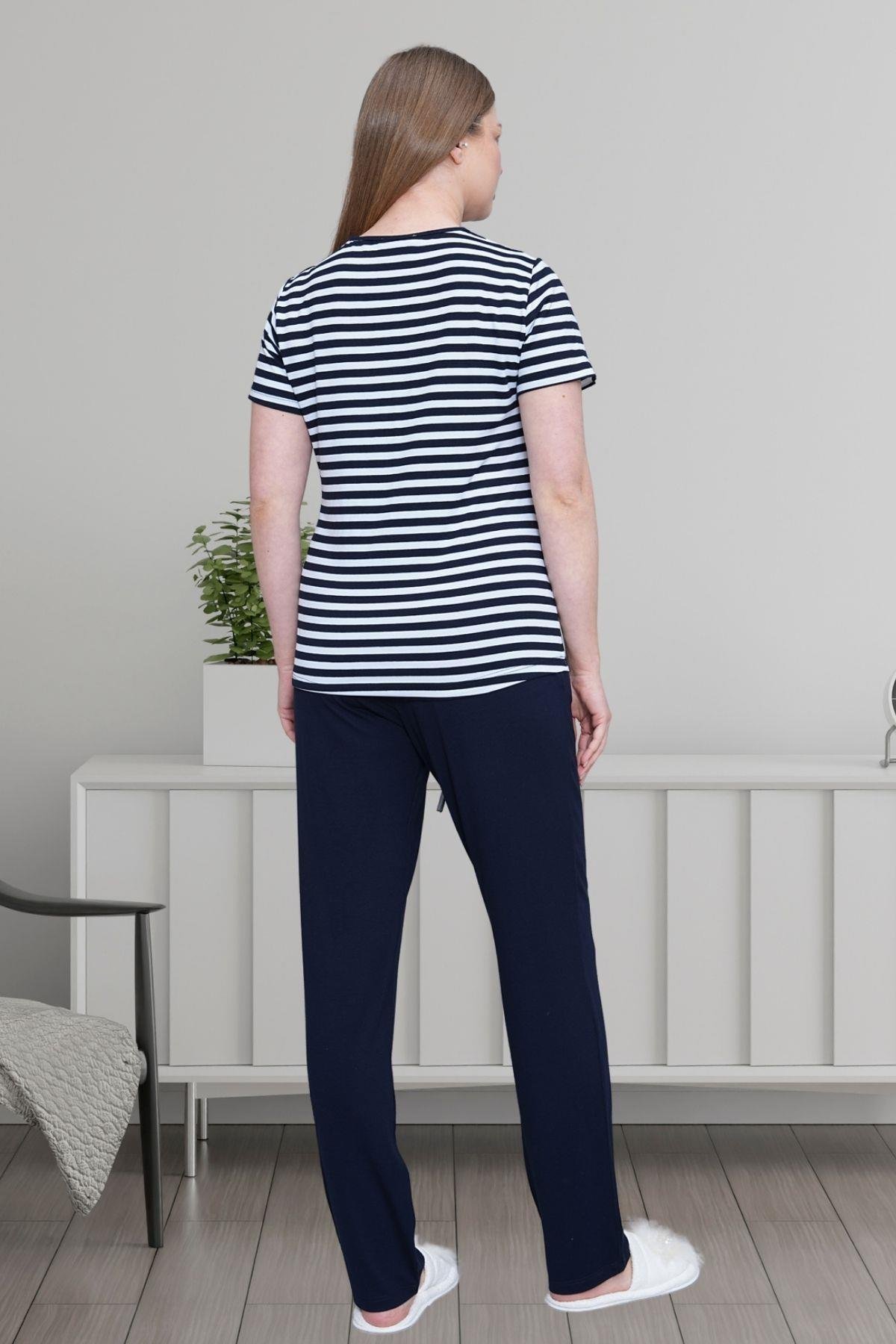 Mecit PijamaMecit 6202 Lacivert Çizgili Büyük Beden Kadın Pijama Takımı