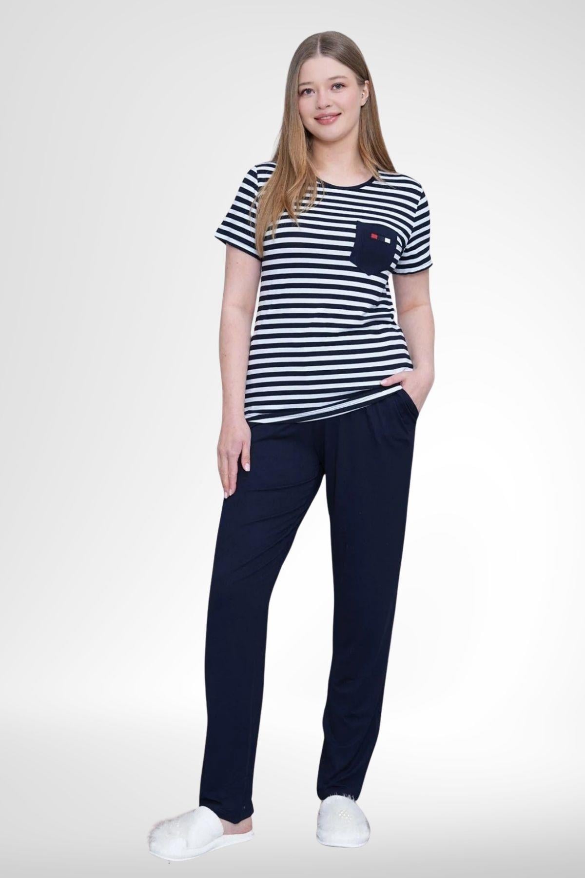 MECİT PİJAMAMecit 6202 Lacivert Çizgili Büyük Beden Kadın Pijama Takımı