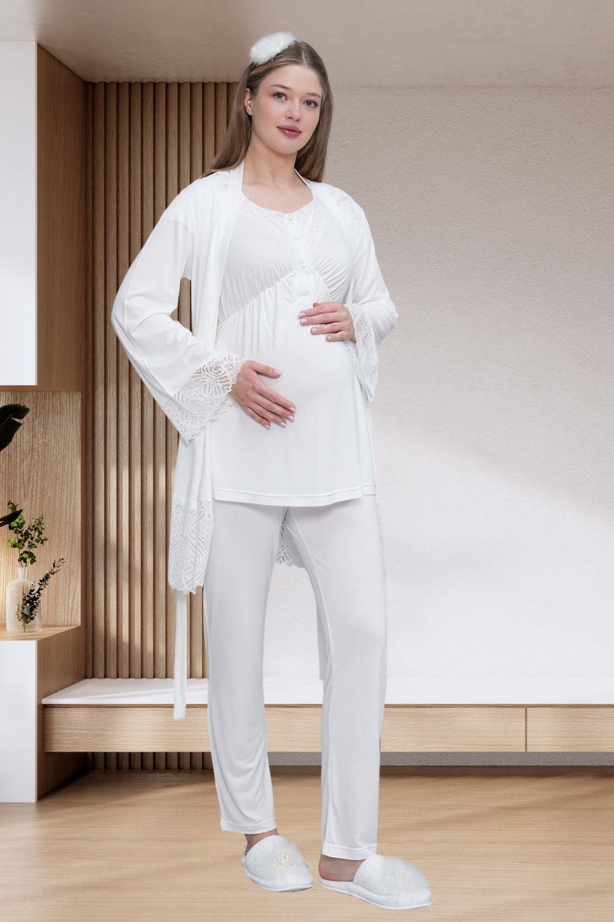 Mecit PijamaMecit 6203 Ekru Sabahlıklı Lohusa Pijama Takımı