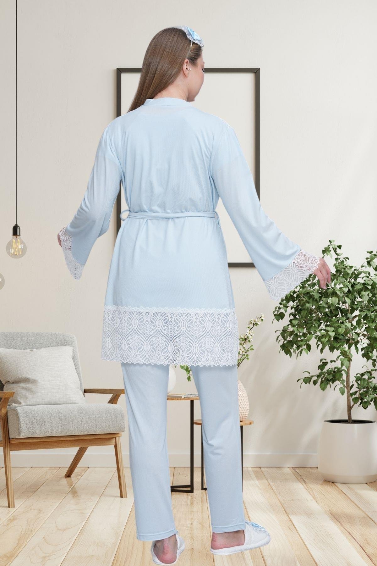 Mecit PijamaMecit 6203 Mavi Sabahlıklı Lohusa Pijama Takımı