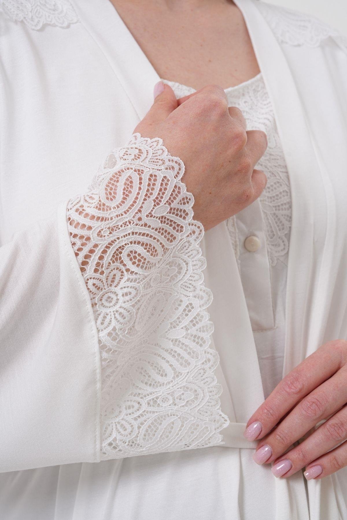 Mecit PijamaMecit 6204 Ekru Hamile Lohusa Dantelli Sabahlık Gecelik Takım