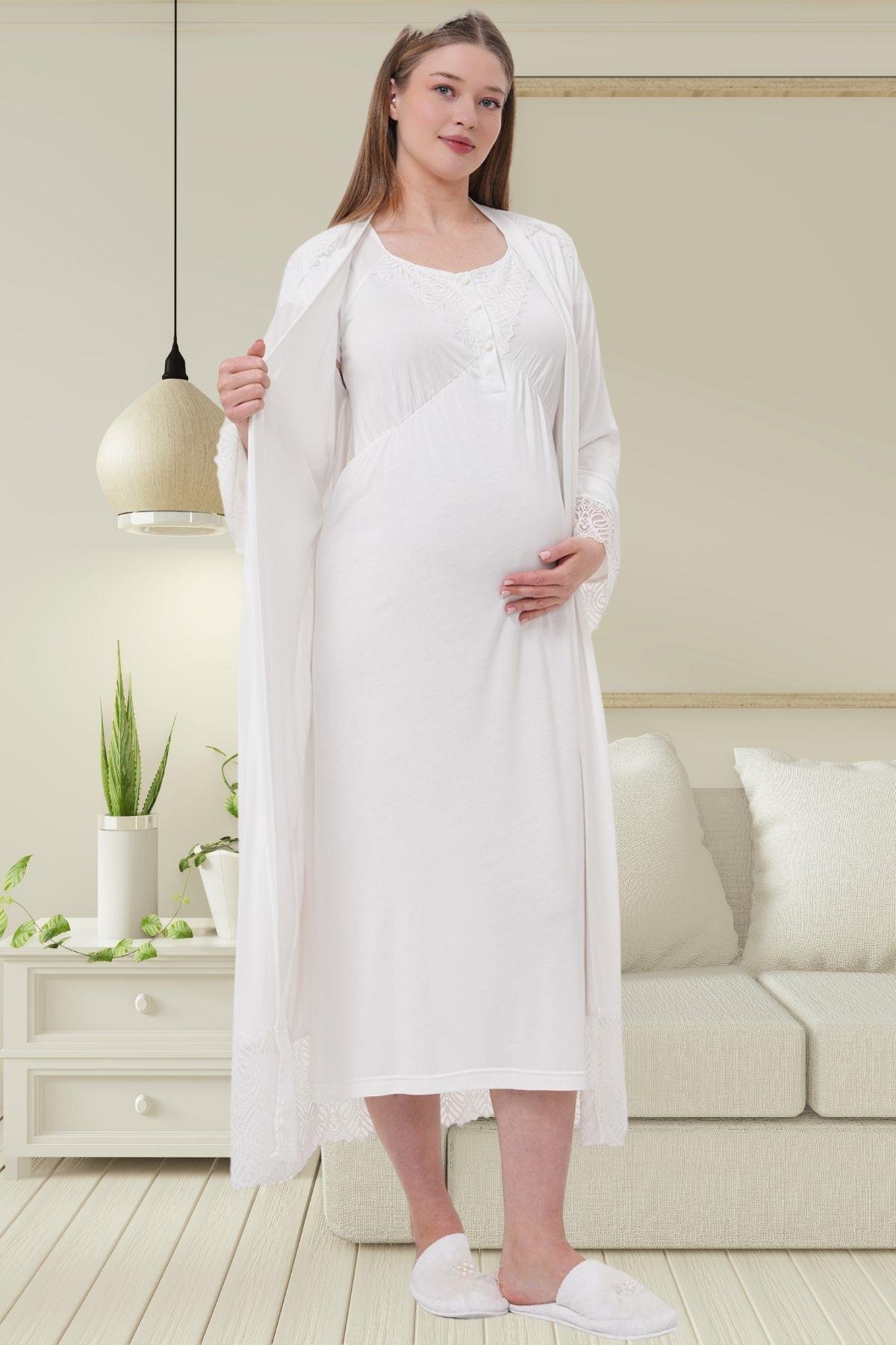 Mecit PijamaMecit 6204 Ekru Hamile Lohusa Dantelli Sabahlık Gecelik Takım
